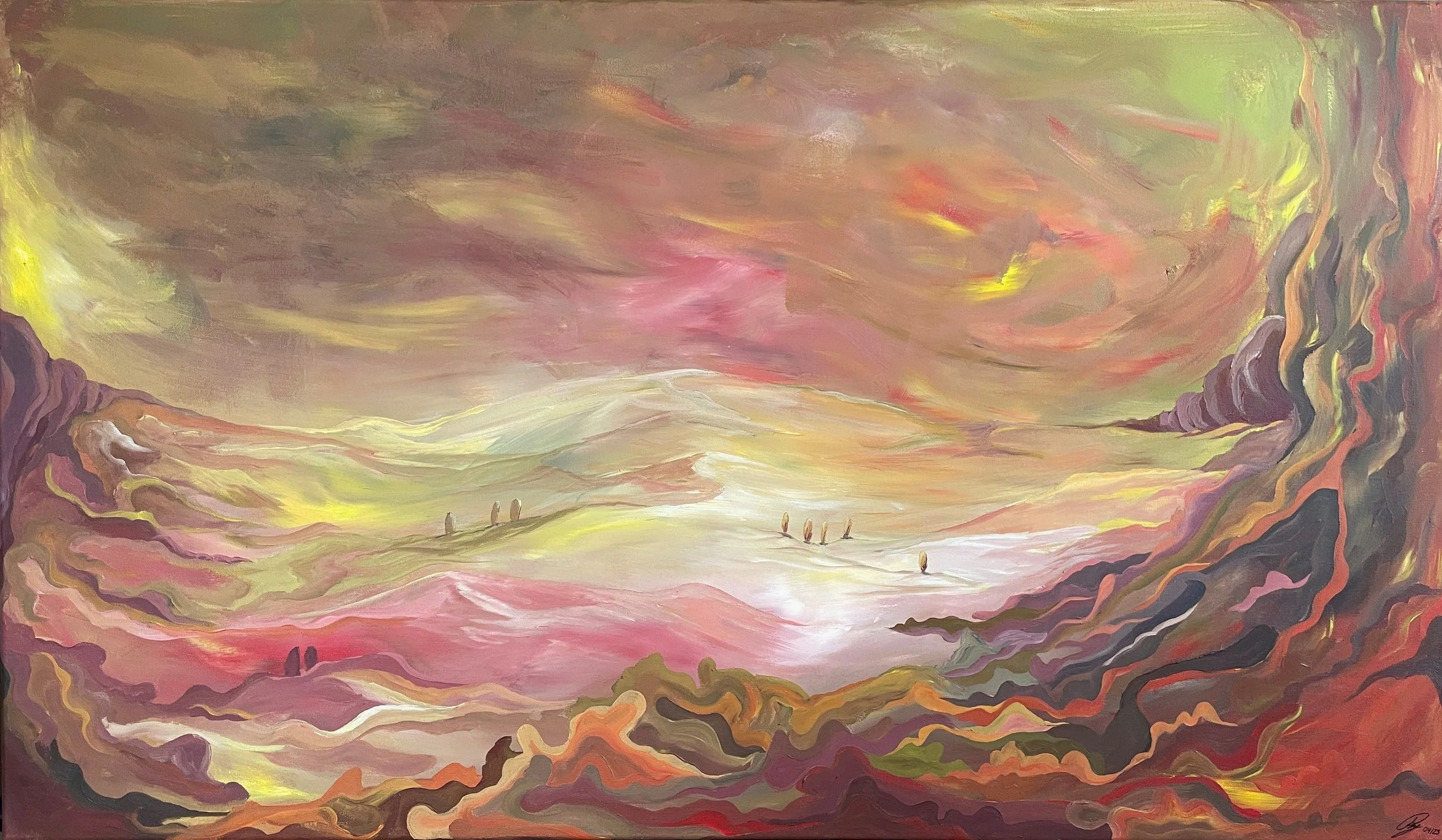 An abstract landscape painting with swirling clouds in shades of pink, purple, yellow, and green, and distant figures on rolling hills.