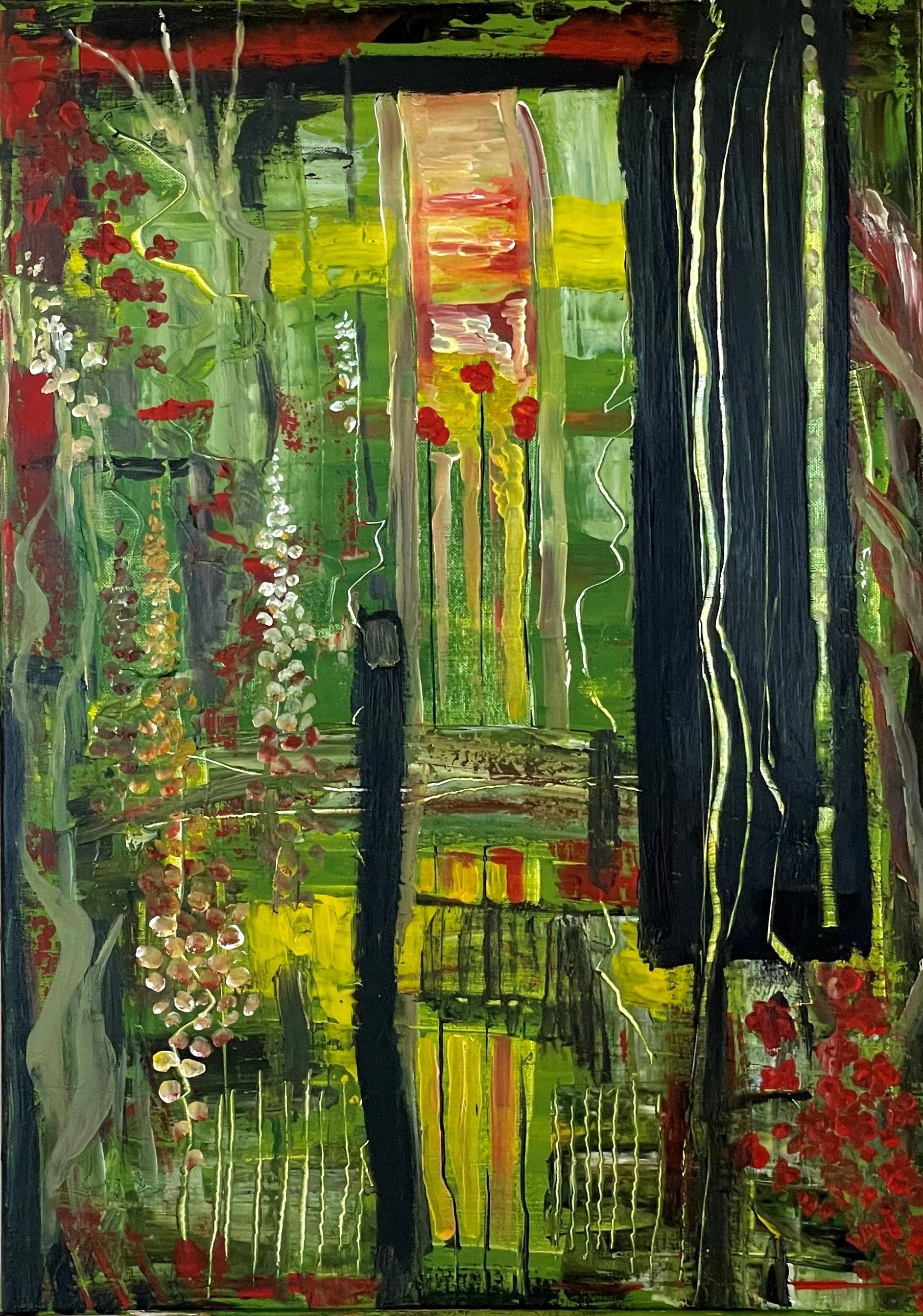 Abstract painting of a colorful garden with trees, flowers, and a reflection in water, using bold brushstrokes and vibrant colors like green, red, yellow, black, and white.