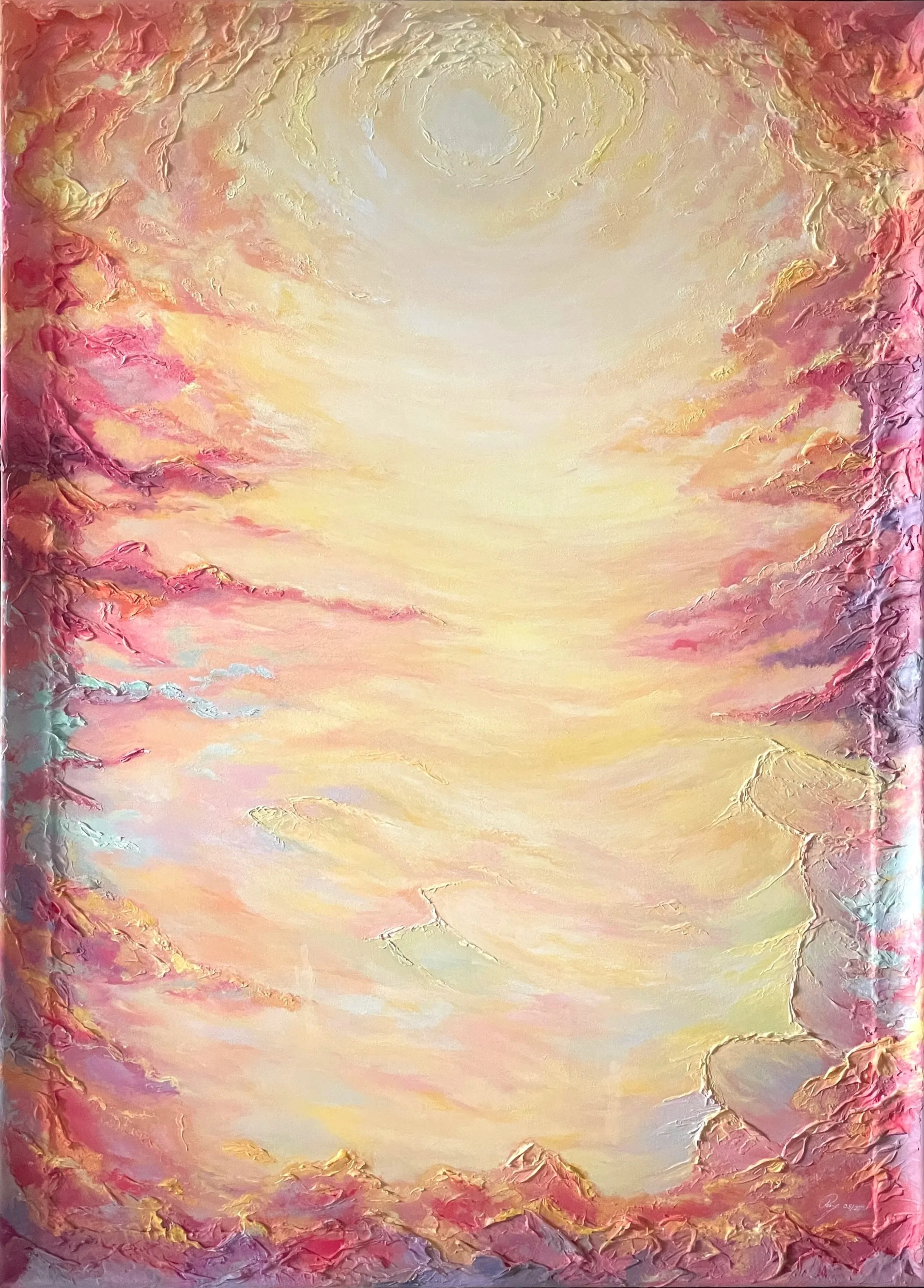 Abstract painting featuring a bright, glowing sun or light source in the center, surrounded by warm pastel colors like pink, peach, and light yellow, with textured, cloud-like formations along the edges.