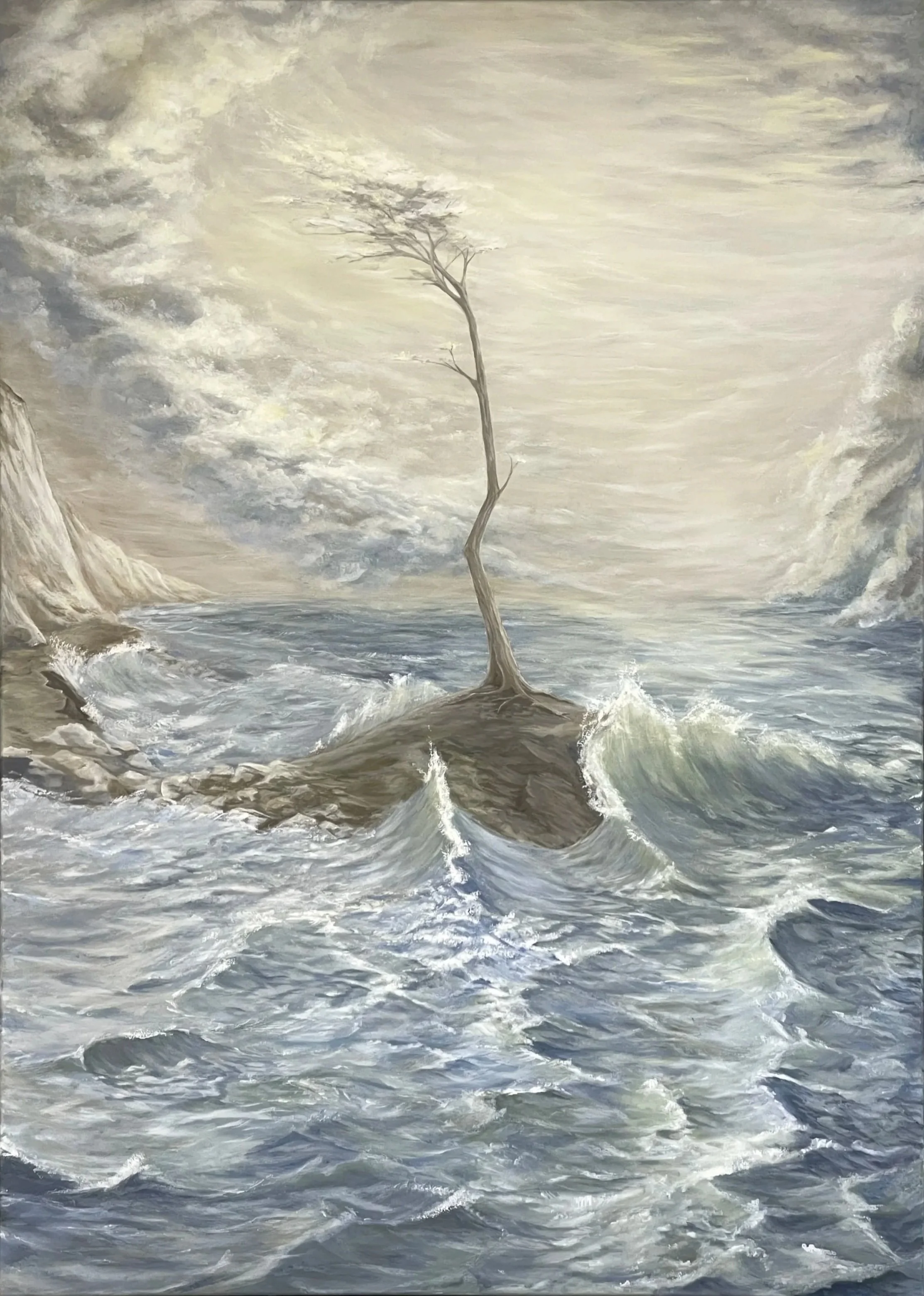 A surreal painting of a lone tree growing on a small rocky island in the middle of choppy ocean waves under a cloudy sky.