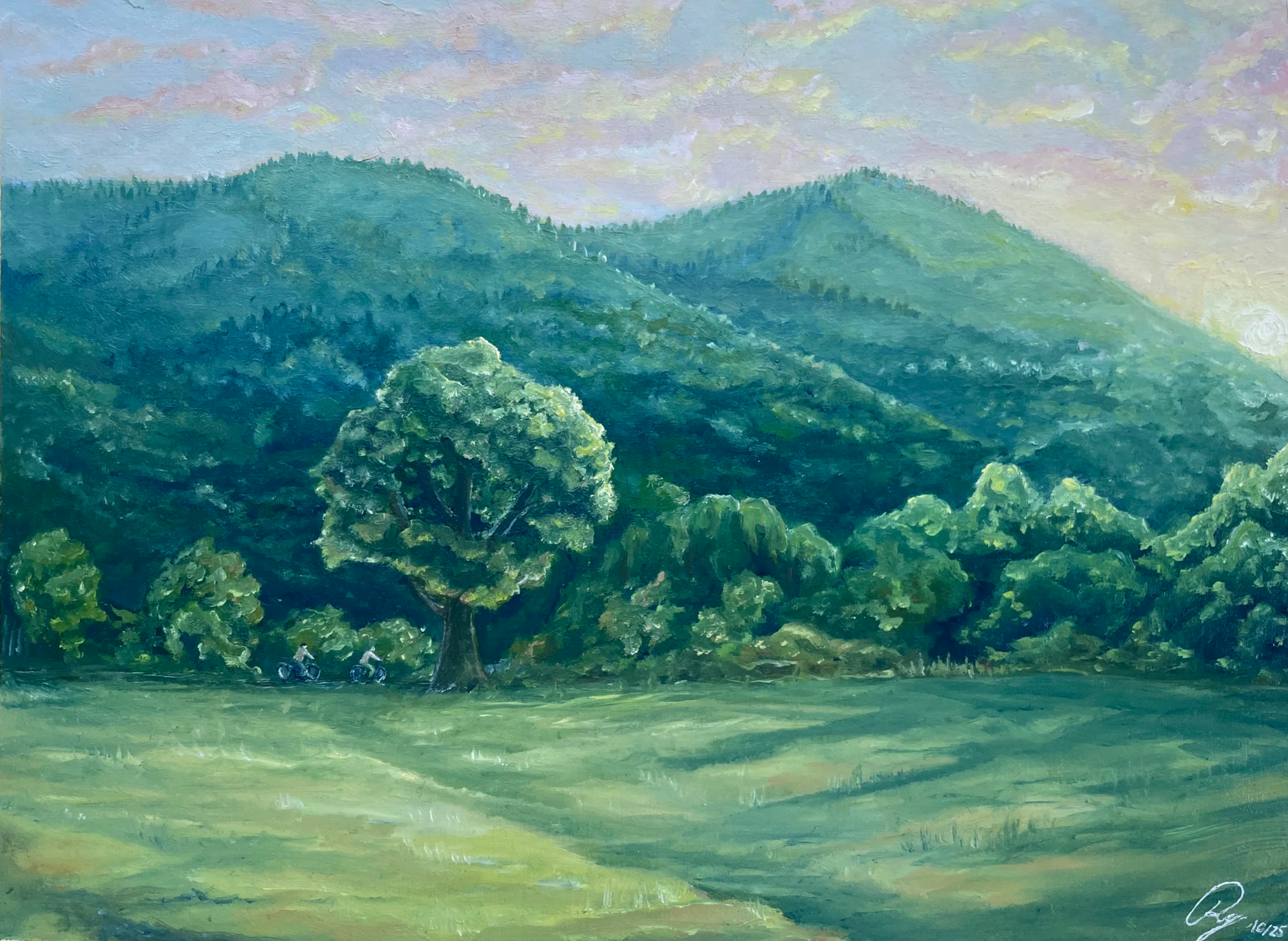 Heidelberg landscape painting of green mountains with view from the fields, a clear sky and a large tree in the foreground, with two people riding bikes near the tree.