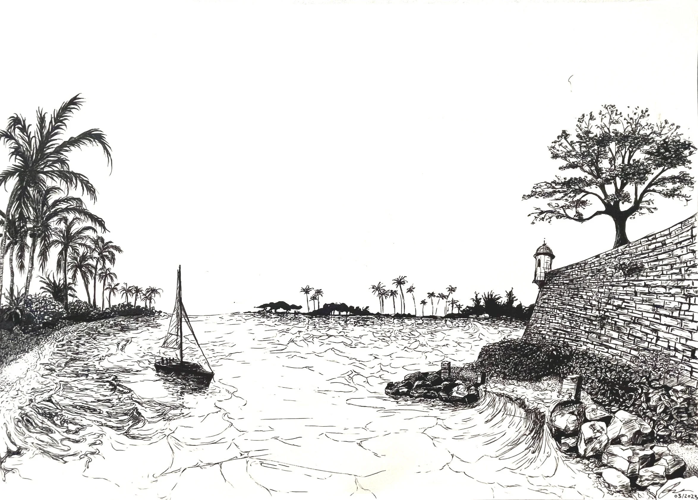 Black and white sketch of a coastal scene in San Juan, Puerto Rico with palm trees, a sailboat on the water, a brick wall on the right with a large tree above it, and smaller trees and landstripe in the background.