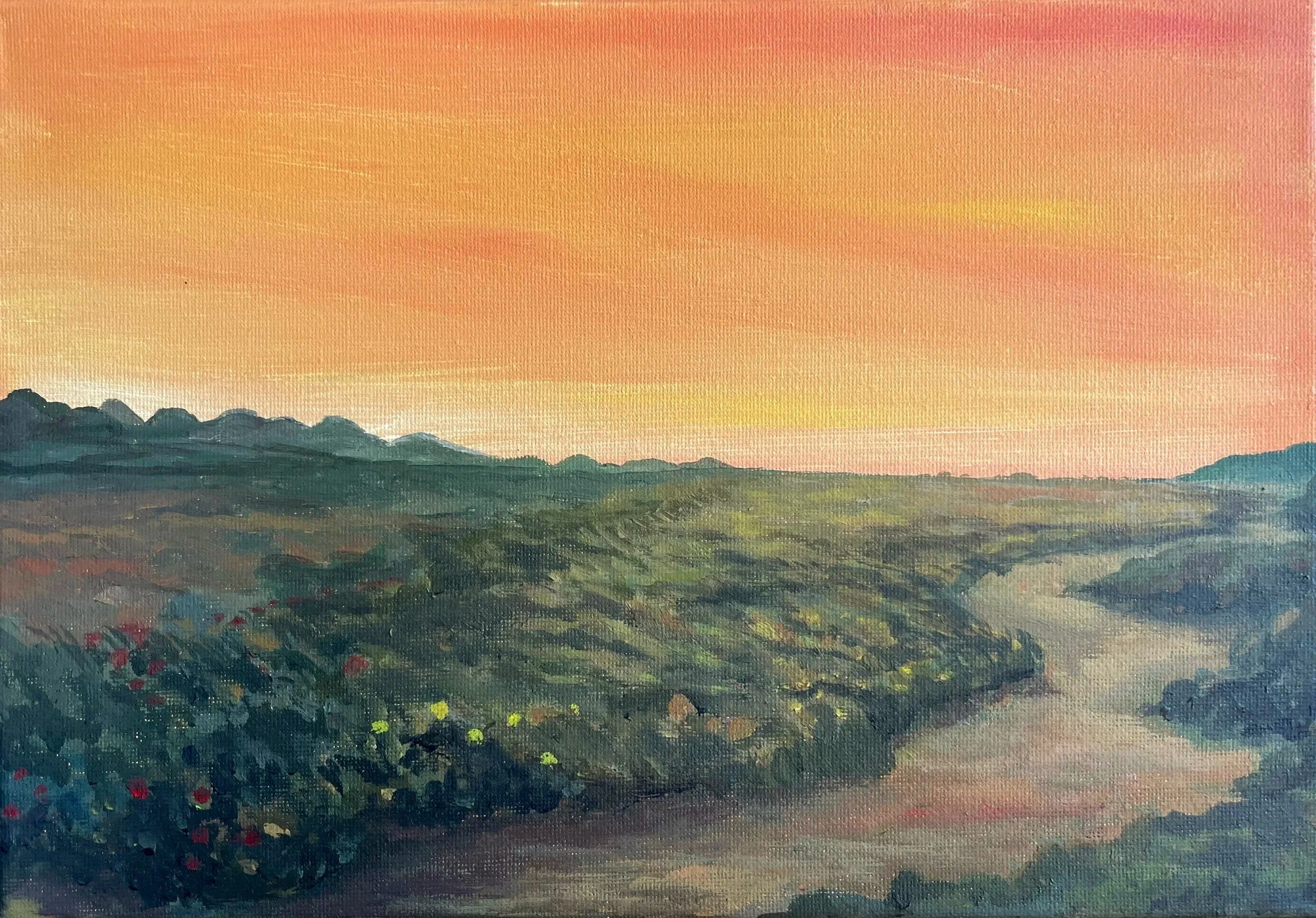 A landscape painting of a river winding through a field, with a colorful sunset sky in shades of pink, orange, and yellow.