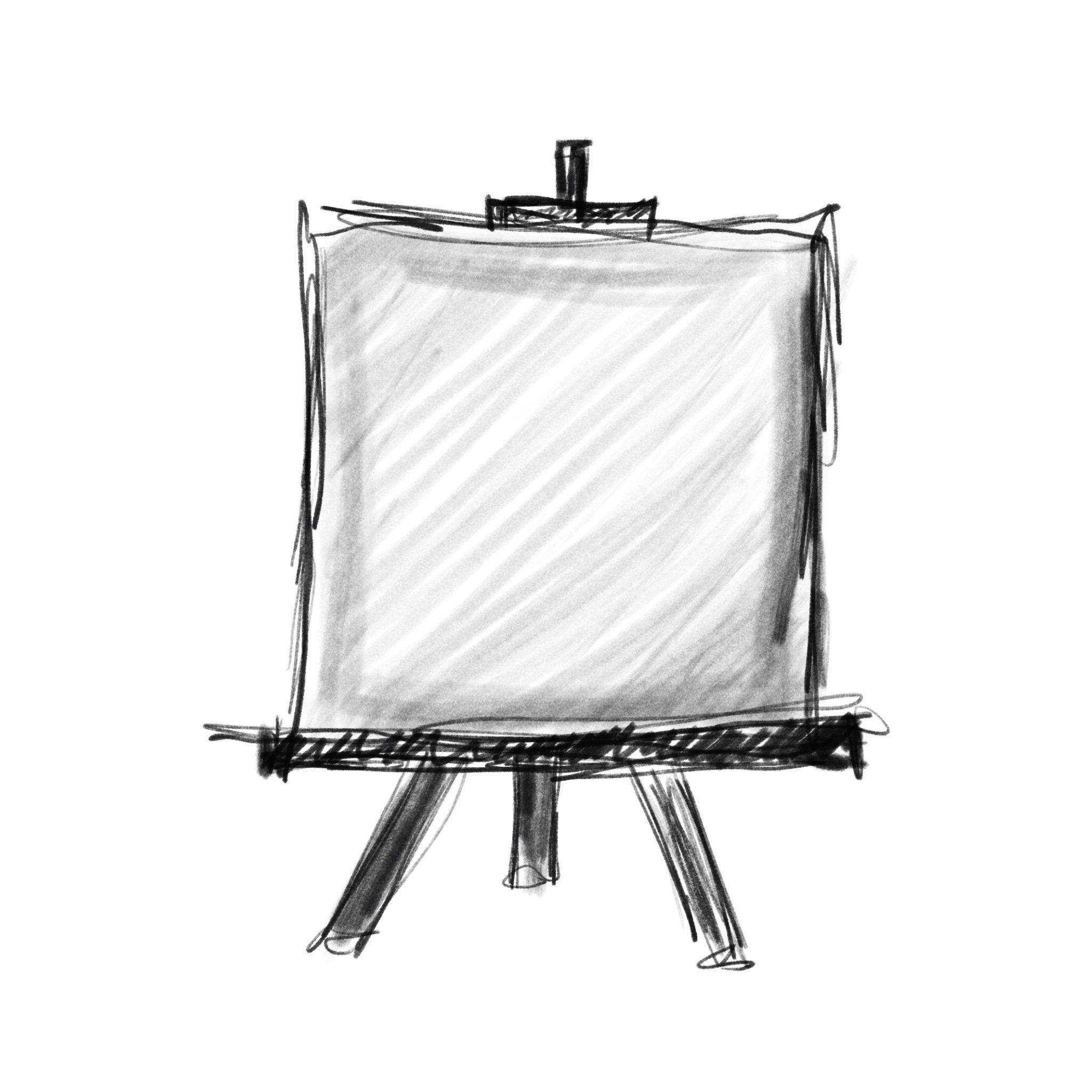A sketch of an easel with a canvas, drawn with black ink. The easel has three legs, and the canvas is shaded and textured.