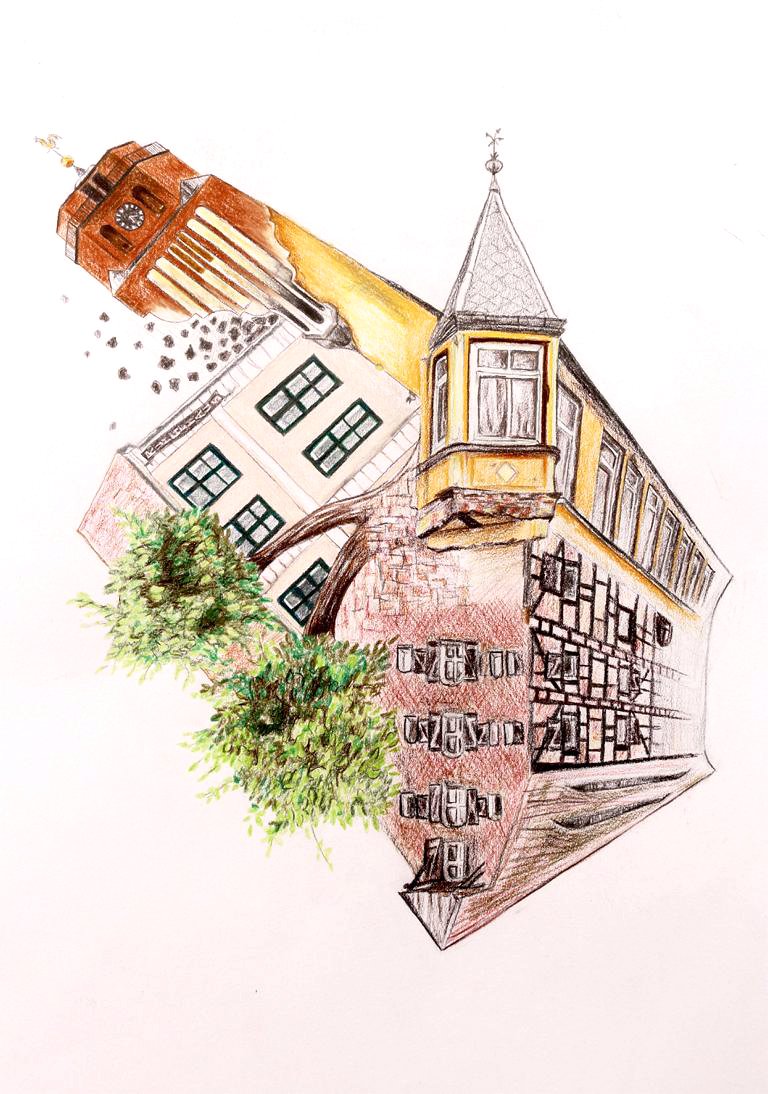 A colorful hand-drawn illustration of various buildings merged together, including a brick clock tower, a historic yellow building with a turret, and residential buildings with trees in the foreground.