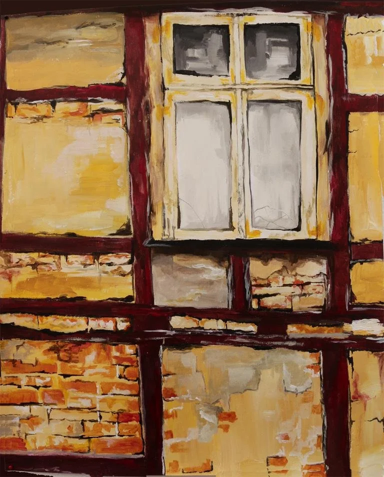 A painting of an old brick building wall with a large window in the center. The wall features yellow and red bricks with exposed brickwork and aged paint. The window has four panels, two on top and two on the bottom, with a white frame and some crack