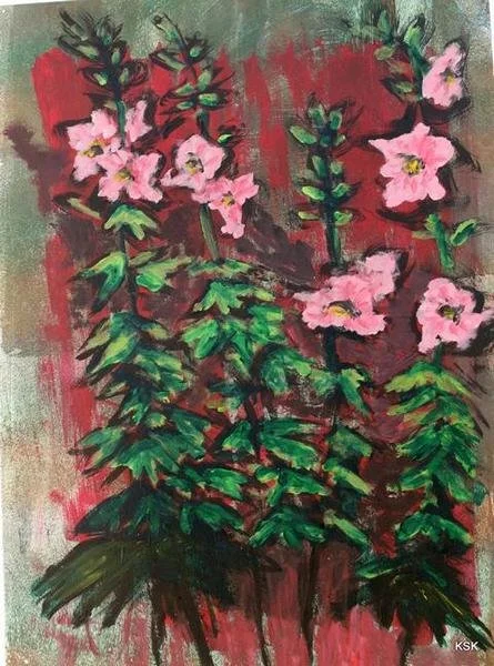 A painting of pink flowers and green leaves against a red background.