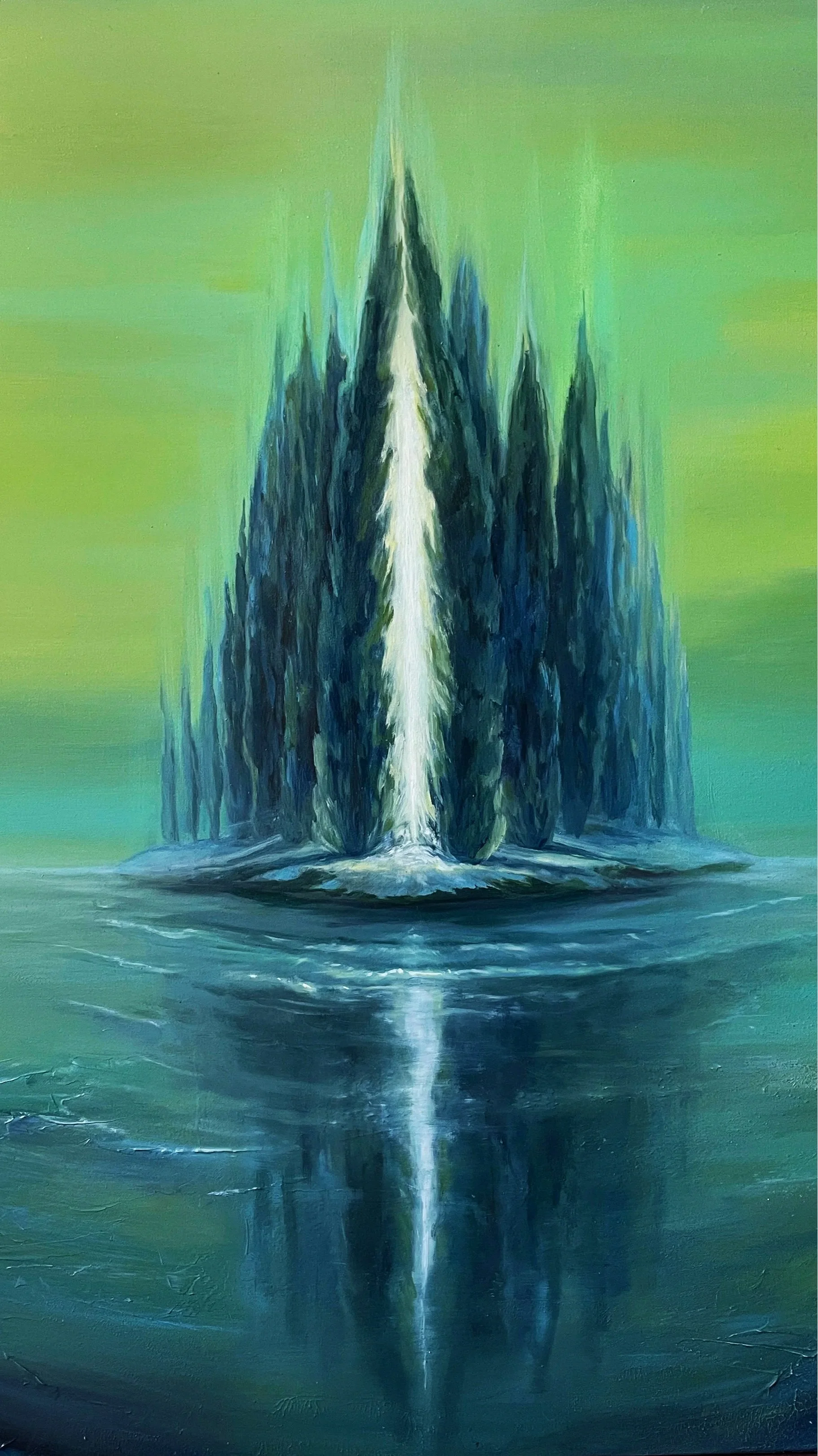 A surreal painting of an island with mountain-shaped trees and a bright white light shining through the middle, reflected in a calm body of water, with a green-yellow sky in the background.