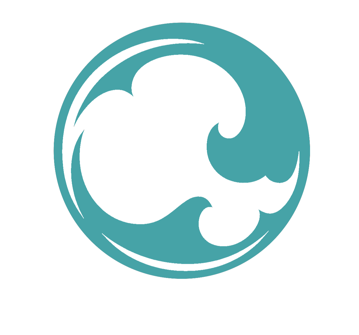 A stylized, circular logo of a wave, depicted in shades of blue and black.