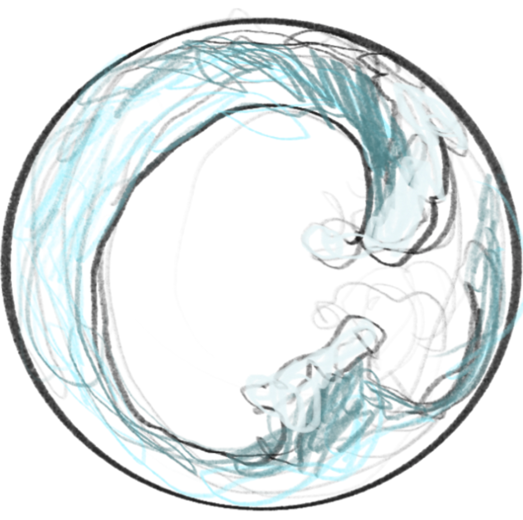An abstract, digital drawing of a swirling, circular pattern with predominantly blue and white colors against a black background.