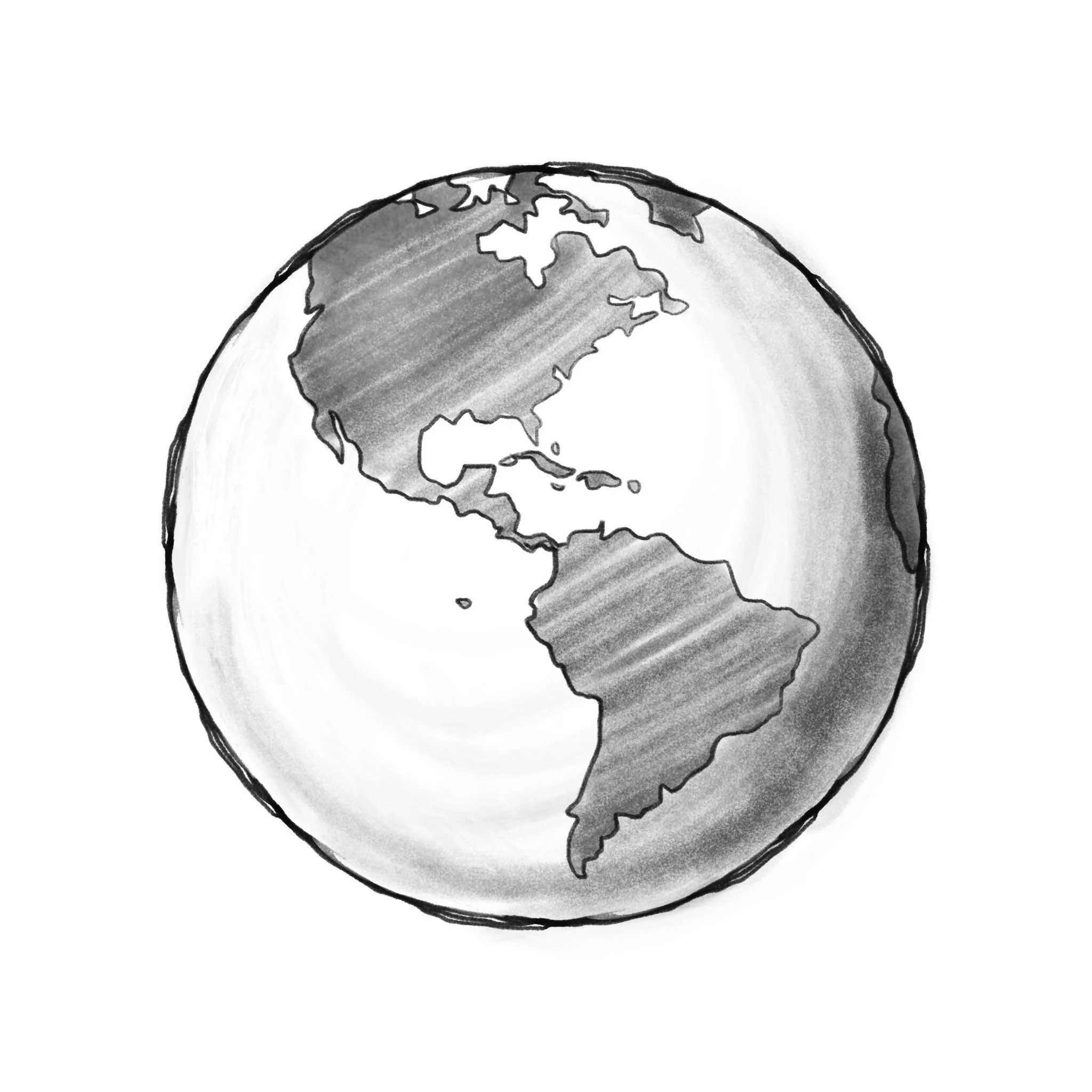 A black and white sketch of the Earth focusing on North America, Central America, and parts of South America with visible outlines of continents.