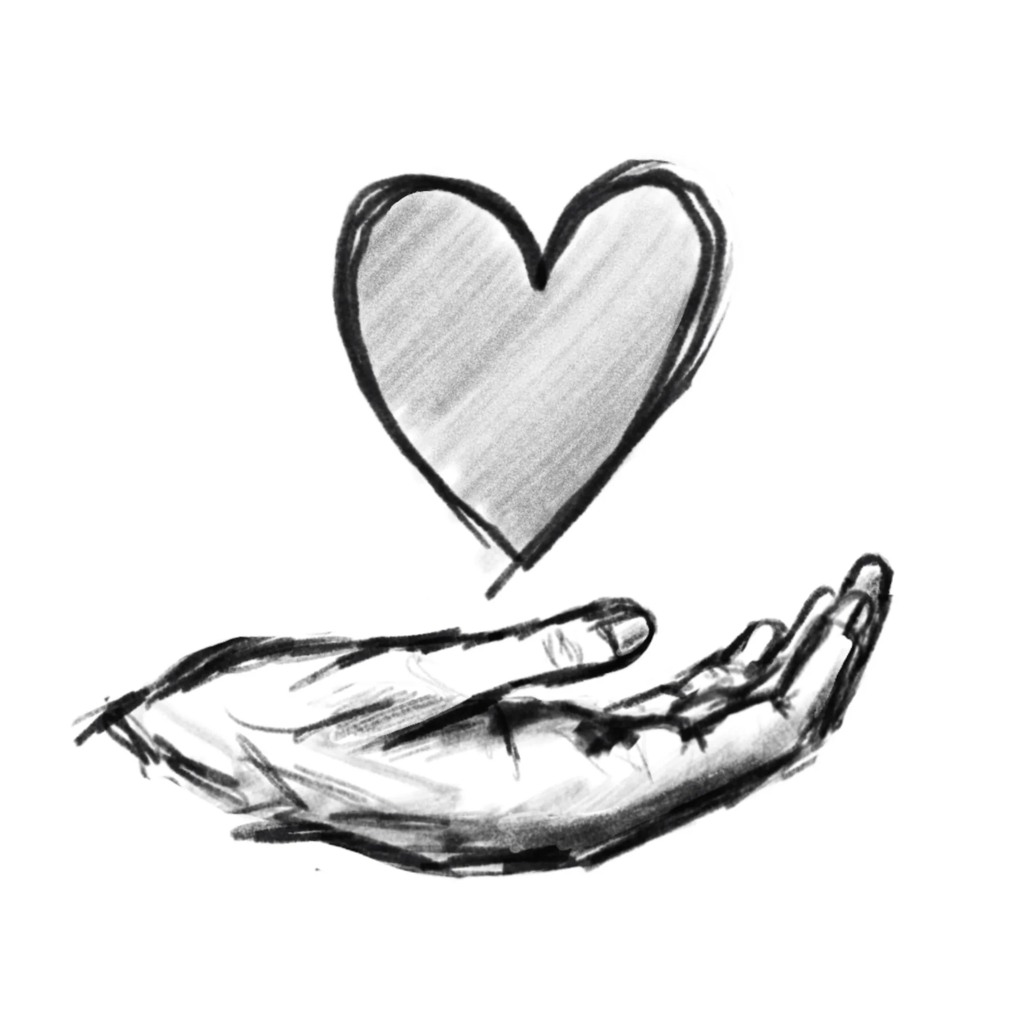A black and white drawing of a heart with thick outline, held by a hand.