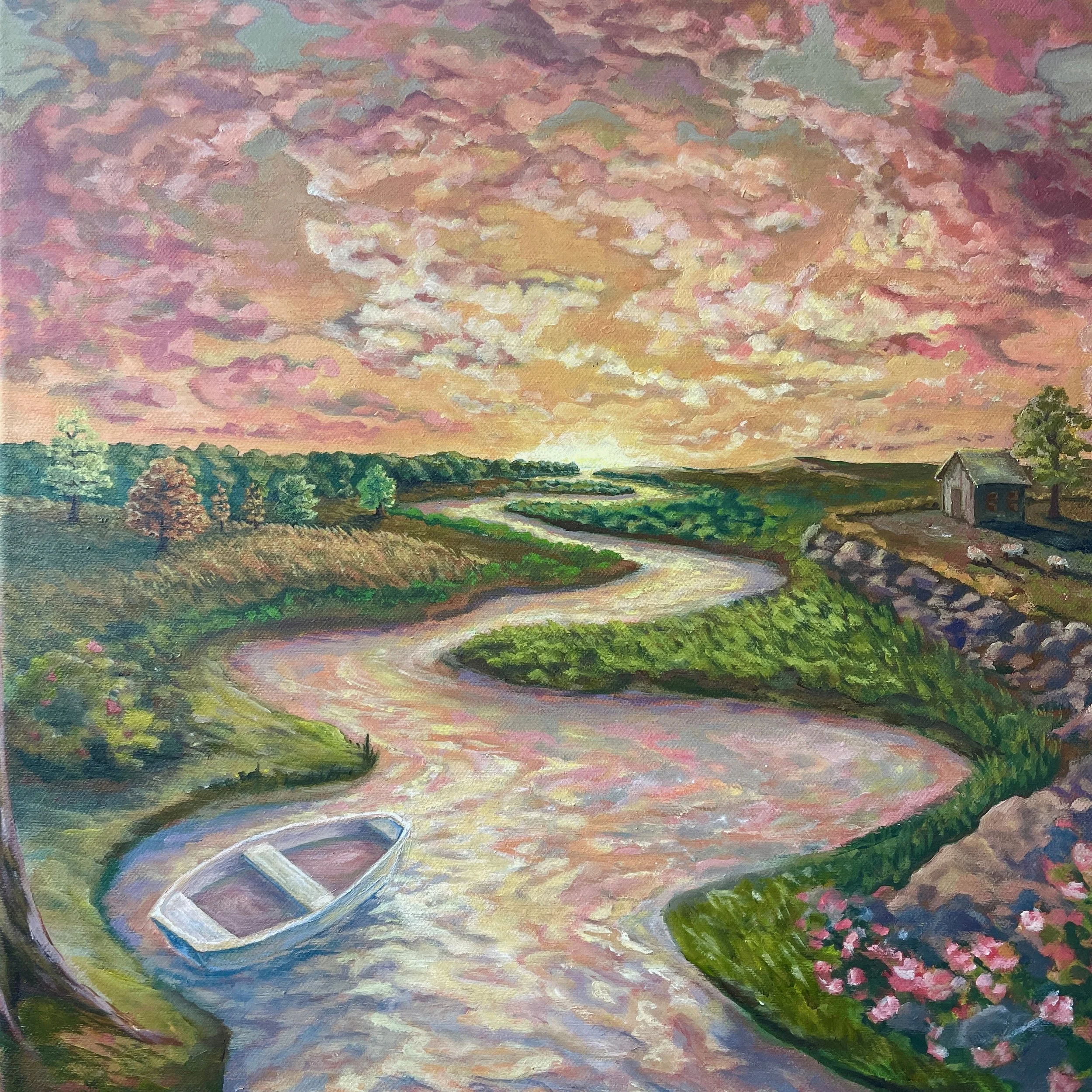 A serene landscape painting depicting a winding river at sunset, with lush green trees and flowers along the riverbank, a small boat docked on the shore, and a rustic house with a tree nearby in the background, under a sky filled with pink and orange