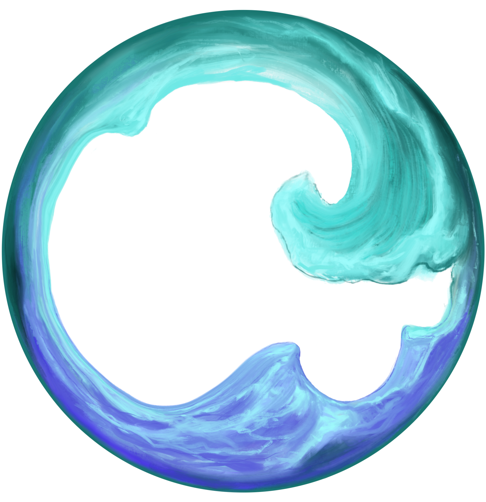 Abstract digital artwork featuring a circular swirling pattern in shades of blue and teal with a white center.