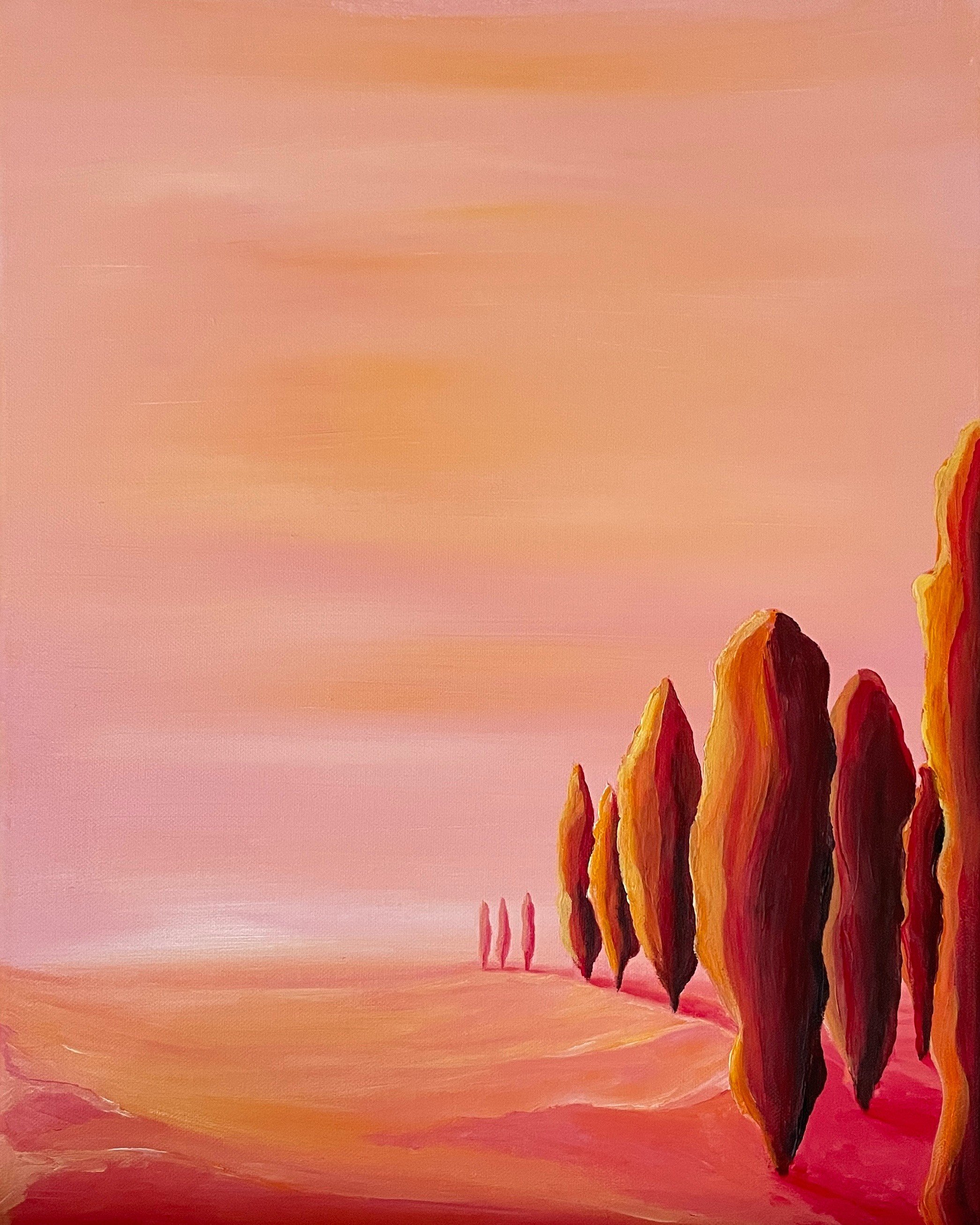 A painting of a landscape with pink, orange, and red hues, showing a row of tall, narrow trees on the right side and a distant horizon.