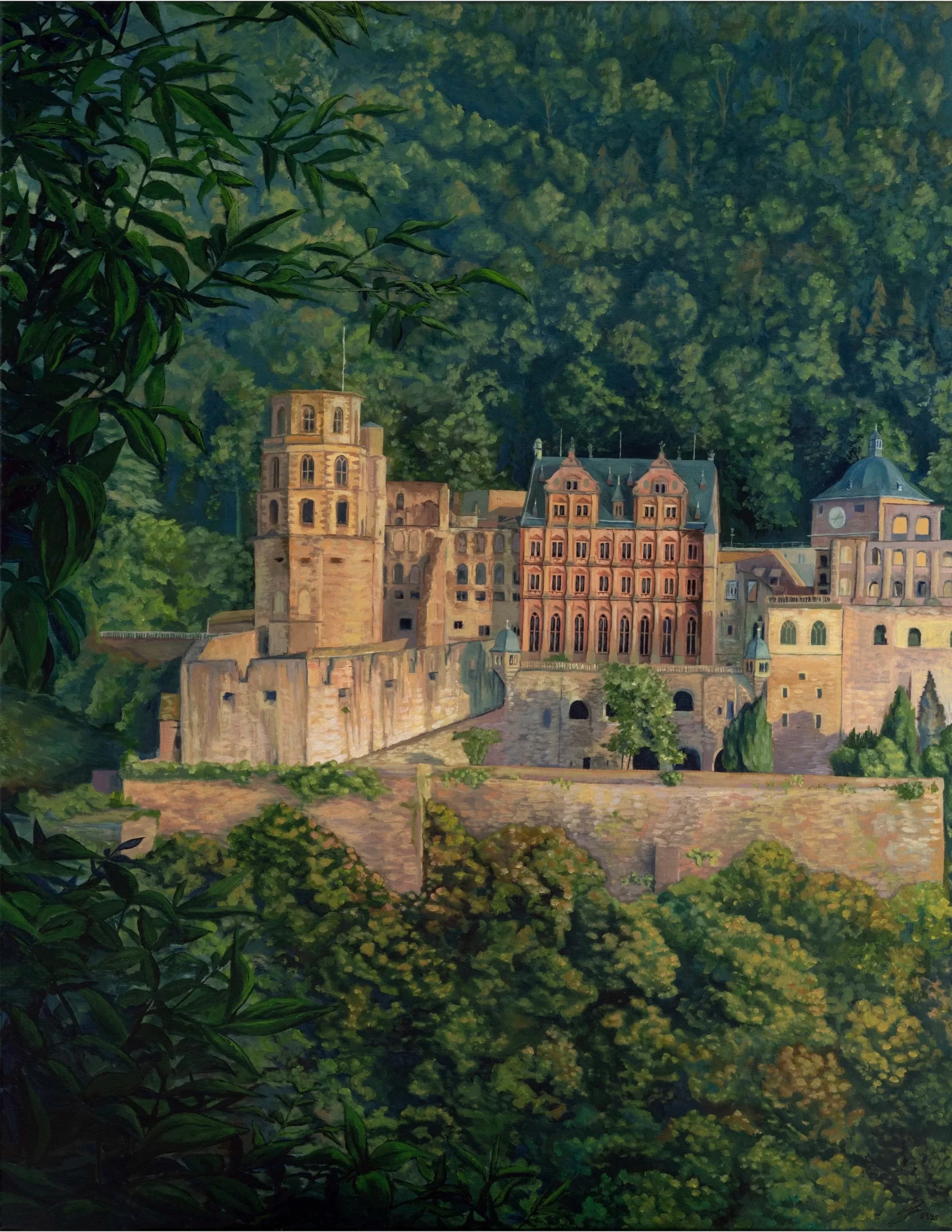 Painting of a castle overlooking a forest, with multiple towers and detailed architecture, surrounded by lush greenery.