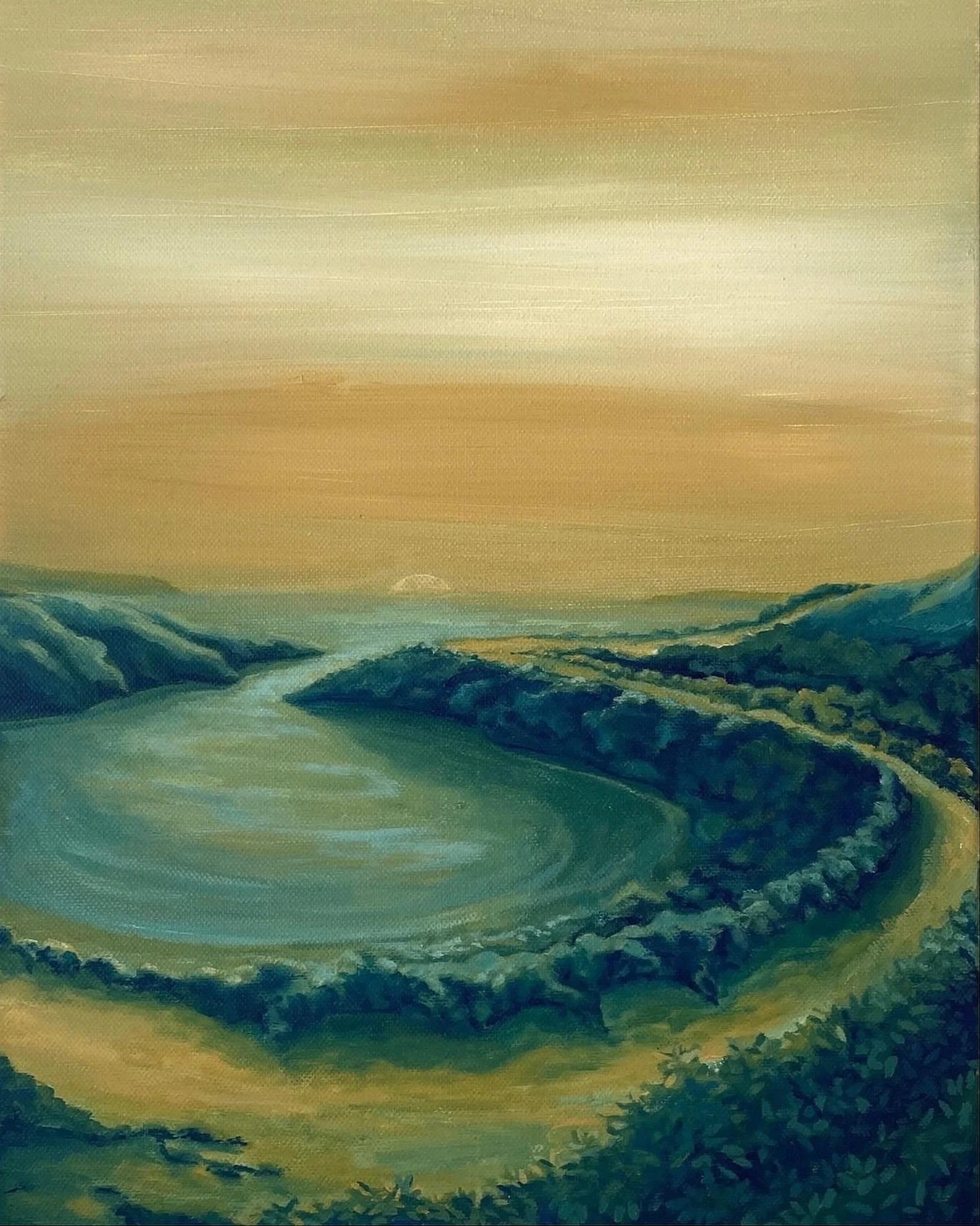Painting of a bay with a small opening to the great ocean, surrounded by flat green hills under a sunset sky with a faint sun on the horizon.