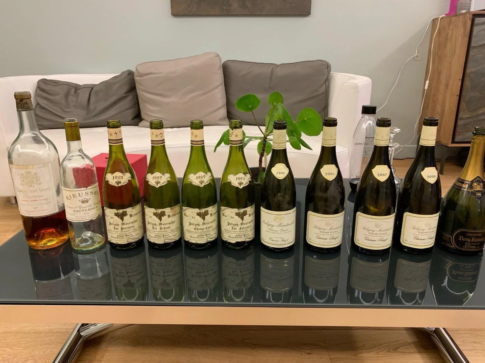 A black table with eleven bottles of wine and champagne, some with vintage labels from 1991 to 2008, and a potted plant in the center. Behind the table is a white sofa with gray cushions, a wooden wall hanging, and a beige wall. To the right is a woo