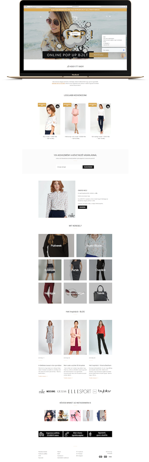 Screenshot of an online fashion retail website displaying women's clothing and accessories, with a banner for an online pop-up shop and sections showcasing latest favorites, promotions, blog, and brands.