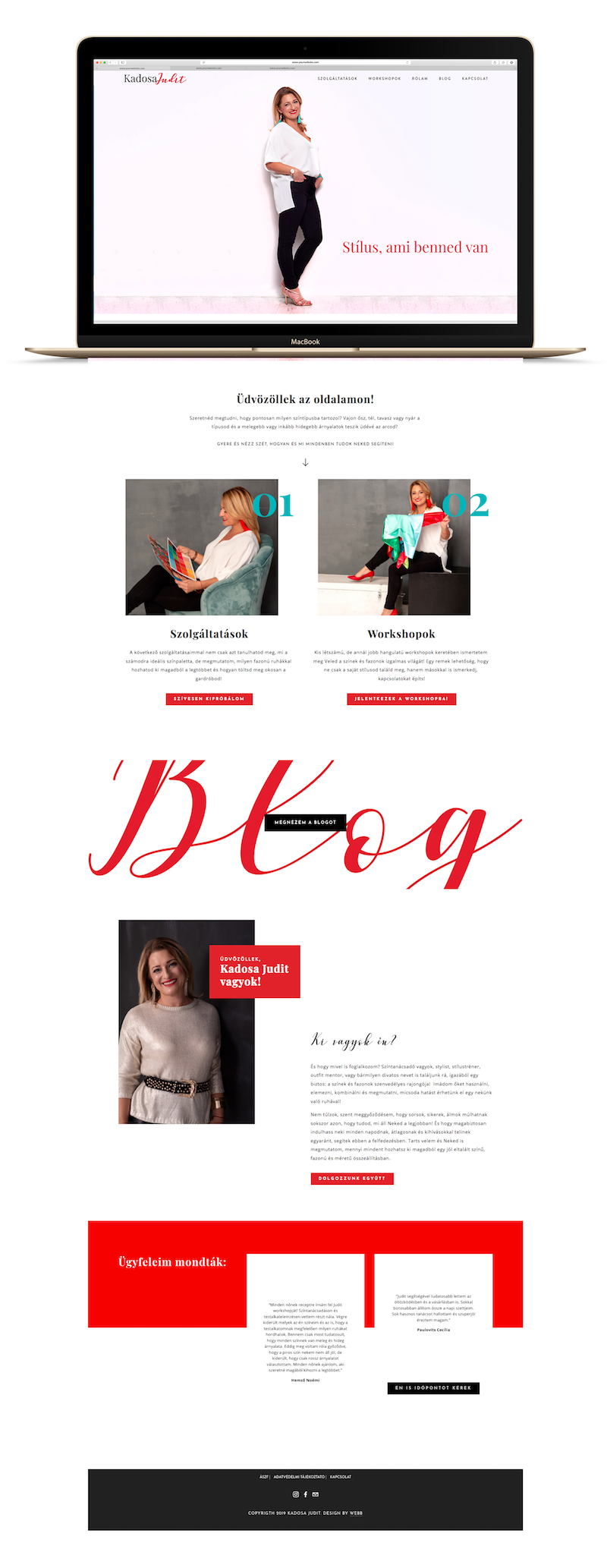 A laptop displaying a website for a Hungarian fashion and styling blog run by Kadosa Judit. The page features photos of Judit, descriptions of services like workshops and styling, and a blog section.
