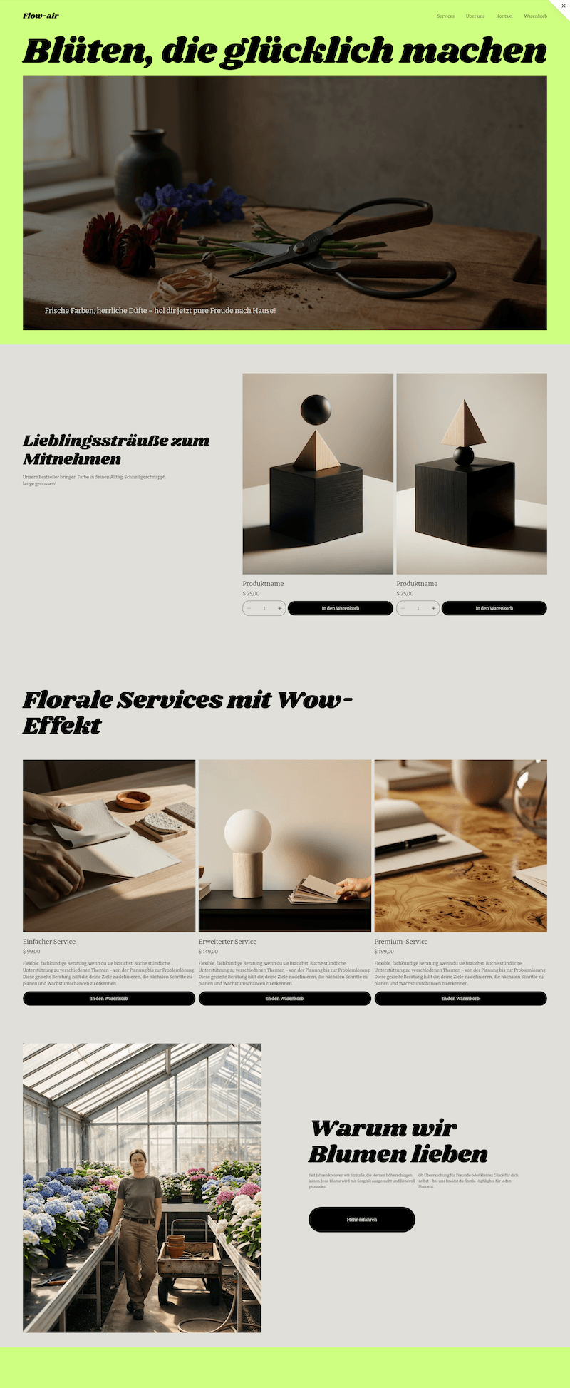A Squarespace AI-asszisztált sablonjából indított virágüzlet-weboldal