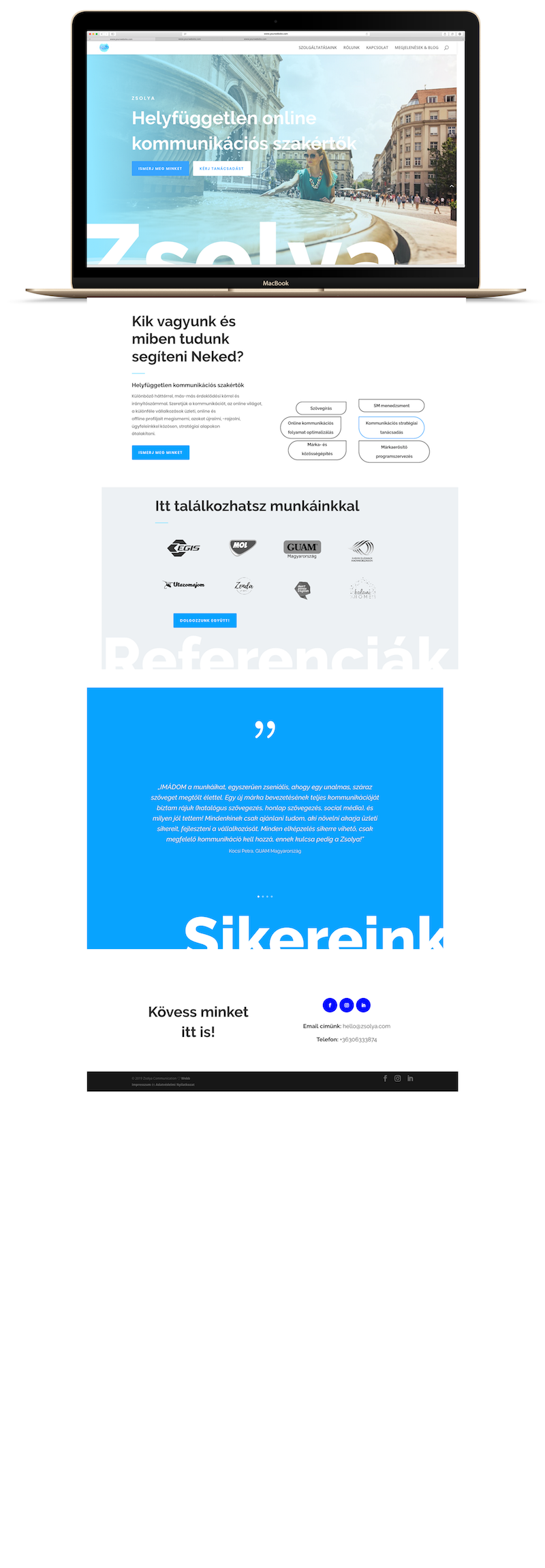 Screenshot of a website homepage for Zsolya, an online communication consulting company, featuring sections about their services, partner companies, client testimonials, and contact information, with a blue and white color theme.