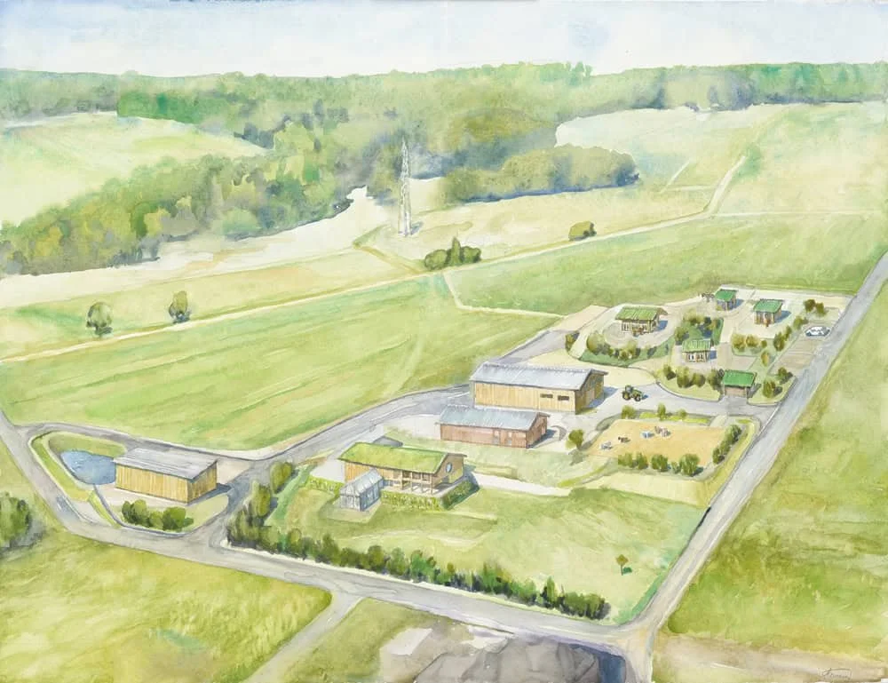 Aquarellmalerei einer ländlichen Siedlung mit mehreren Häusern, Wegen, einem Garten und umgebender Natur.