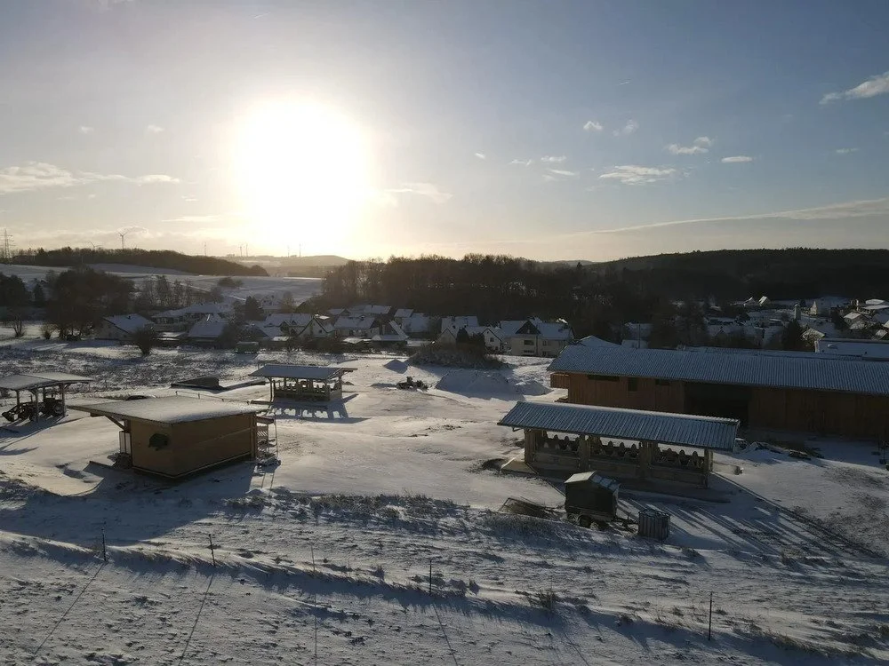 Winterlandschaft mit verschneiten Häusern, Gebäuden und Hügeln, Sonne am Himmel, klarer Himmel mit wenigen Wolken.