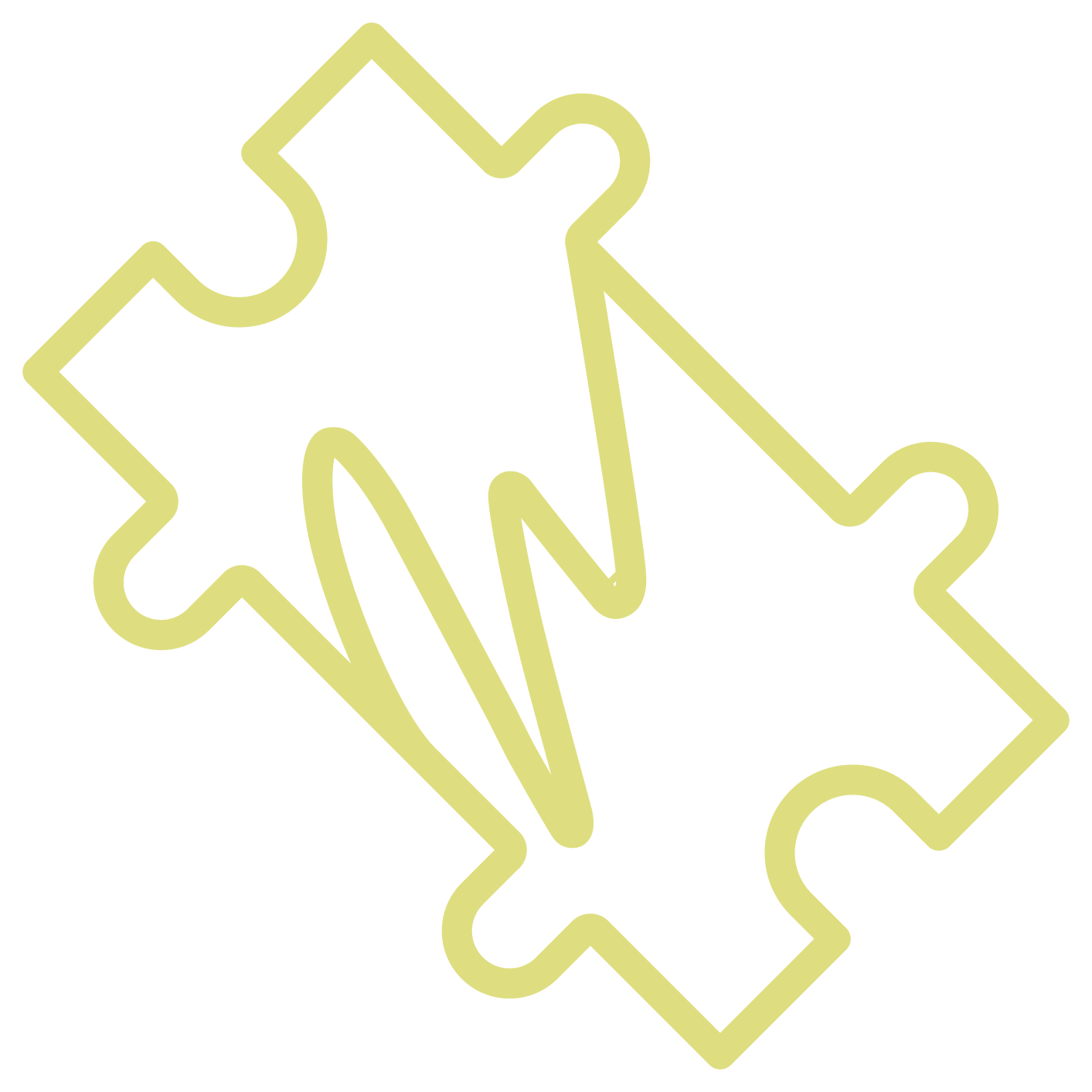 Een afbeelding van vier overlappende puzzelstukken, getekend in lichtgeel op een zwarte achtergrond.