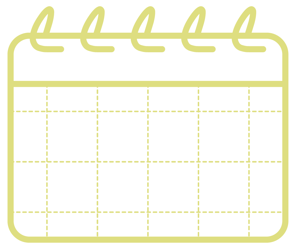 Illustratie van een geel agenda met zes kolommen en vier rijen, met inhoud voor dagelijks gebruik.