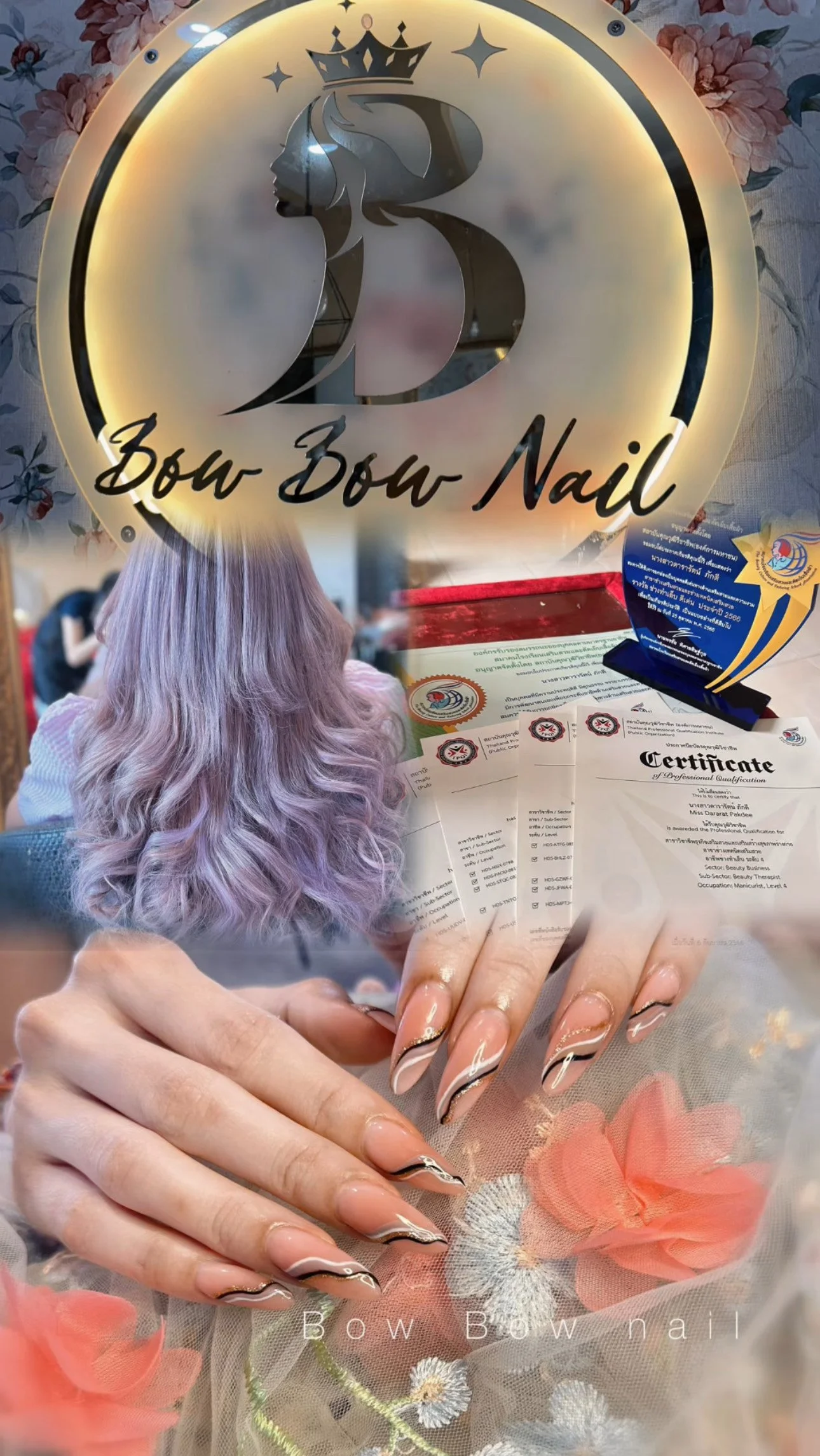 A sign with the logo and name of Bow Bow Nail salon, showing a silhouette of a woman's face with flowing hair and a crown. The background includes certificates, a woman with lavender-colored hair, and a hand with styled nails, all decorated with flowers.