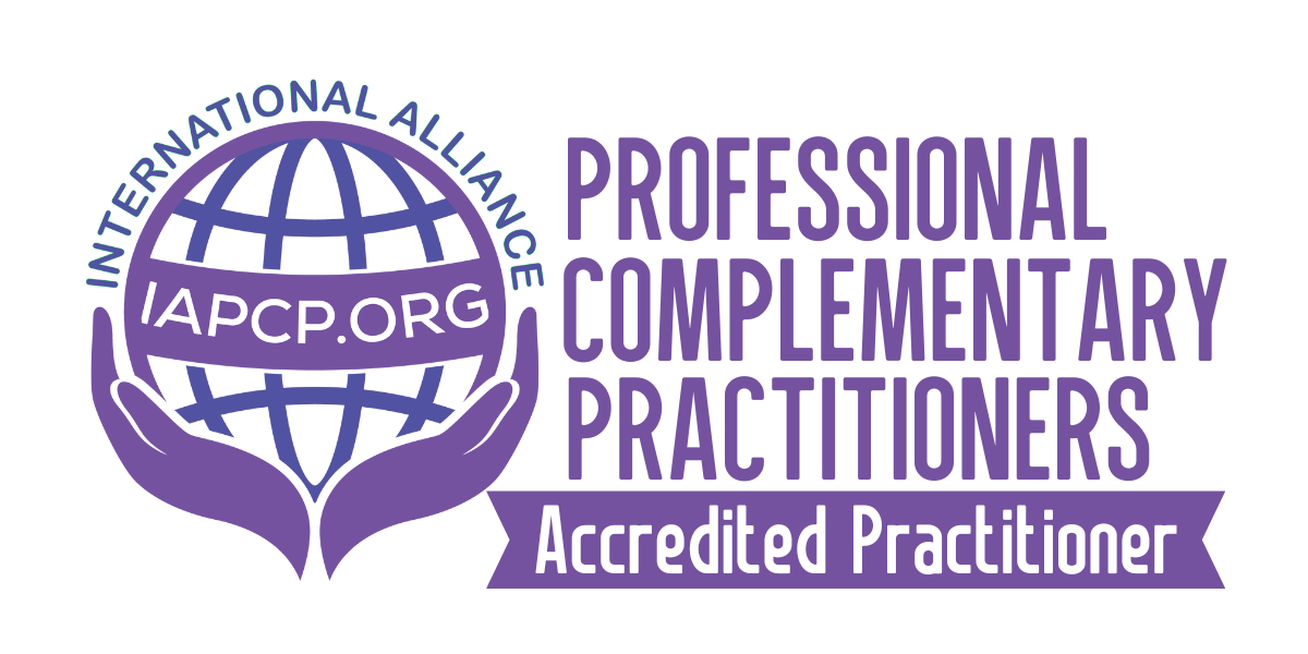 Logo in purple for the International Alliance of Professional Complementary Practitioners showing a pair of hands holding  a globe and with the words "Accredited Practitioner".