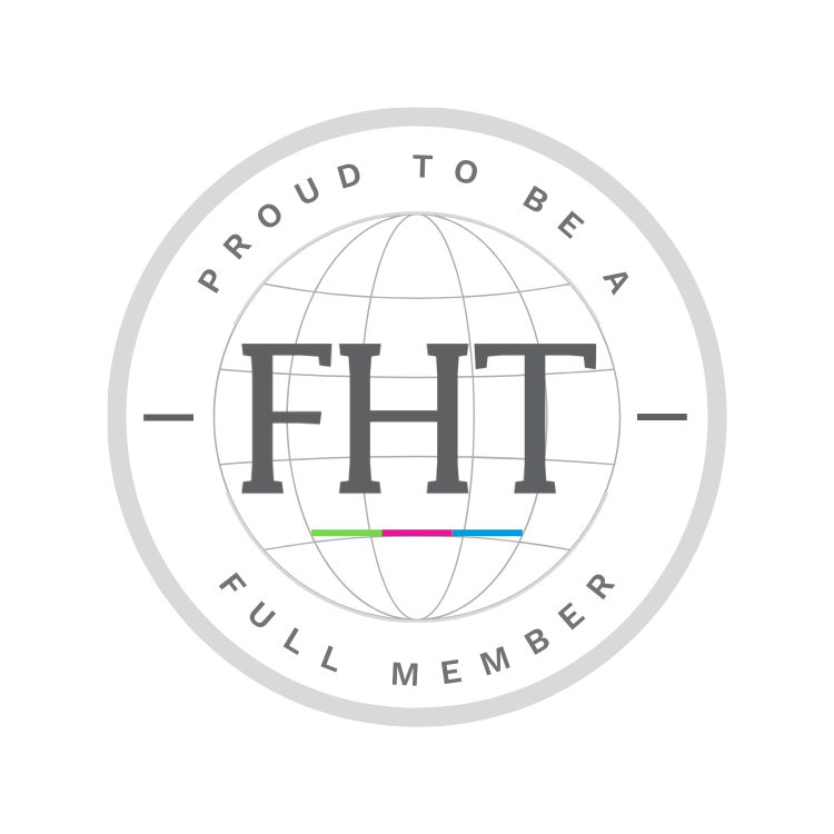 The logo of the Federation of Holistic Therapists with the words "Proud to be a full member"  going round the inner circumference of a circle.  Three colours, green,pink and blue underline the letters F. H. T.