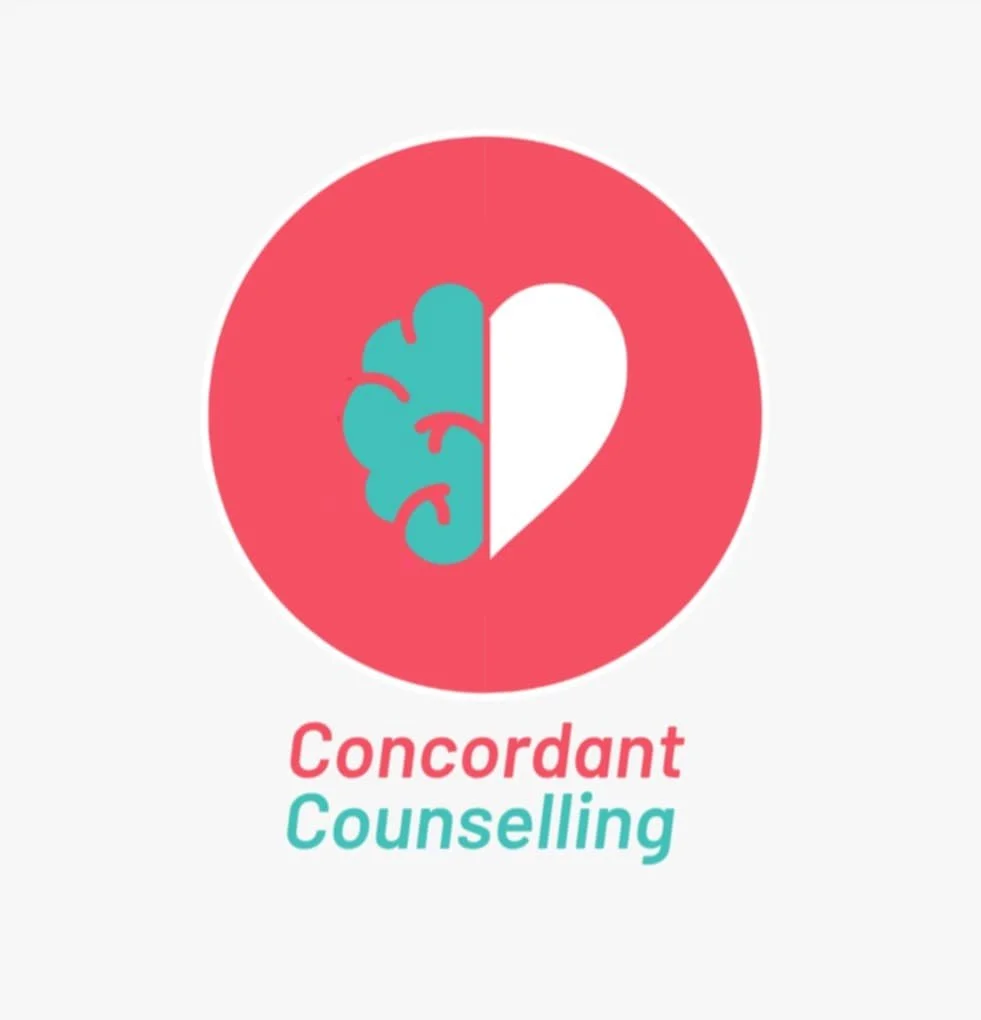 A logo featuring a stylized half-brain, half-heart symbol inside a red circle, with the words "Concordant Counselling" below in red and teal text.