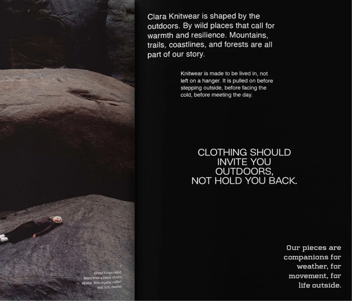 A person lying on a large rock outdoors, with a black background and white text on the right side promoting Clara Knitwear's handmade clothing made from natural materials.