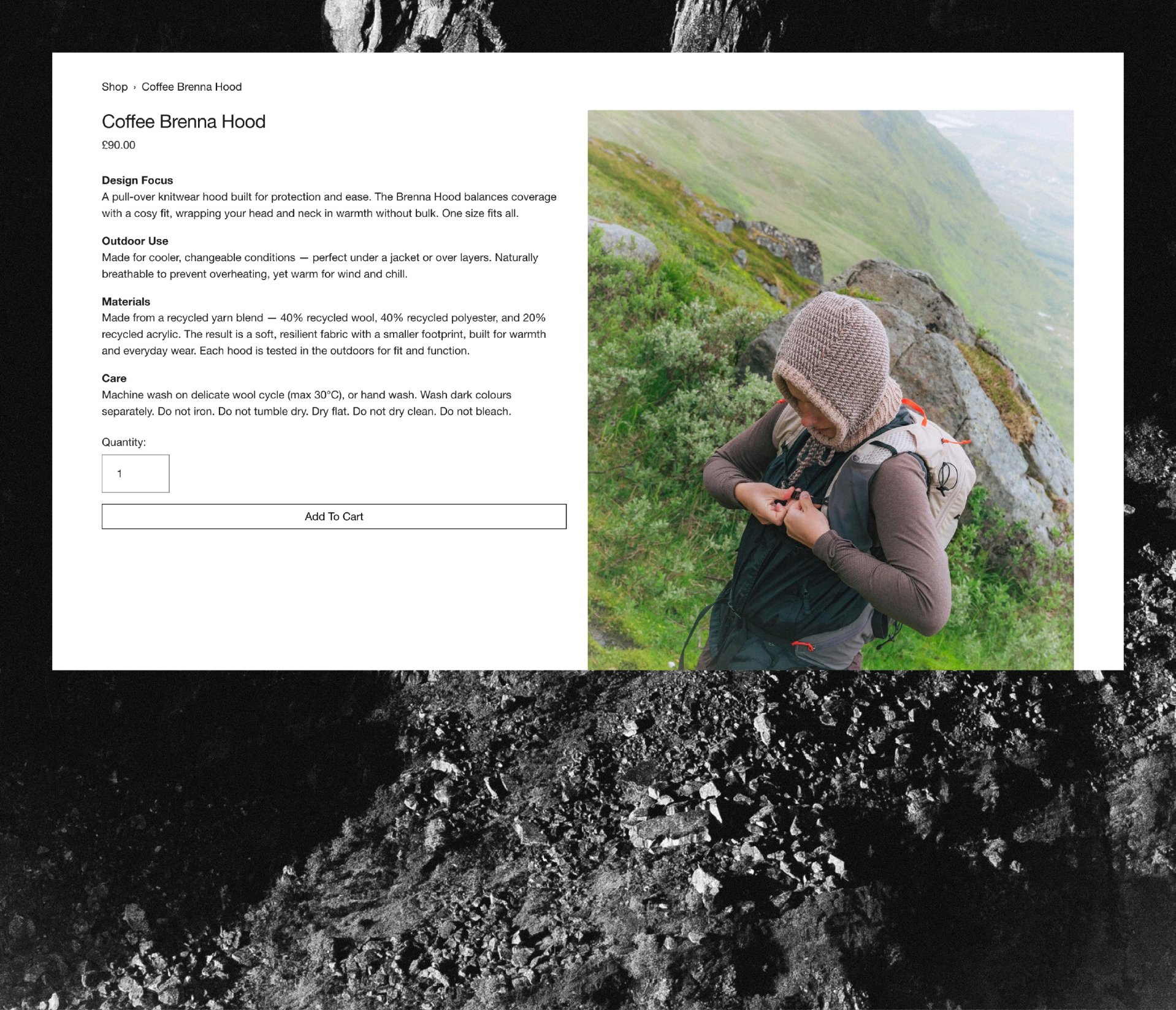 An online product page for a coffee hood features a model outdoors on a green hill, wearing a knitted hood and carrying a backpack, with product details and a photograph of the model on the right.