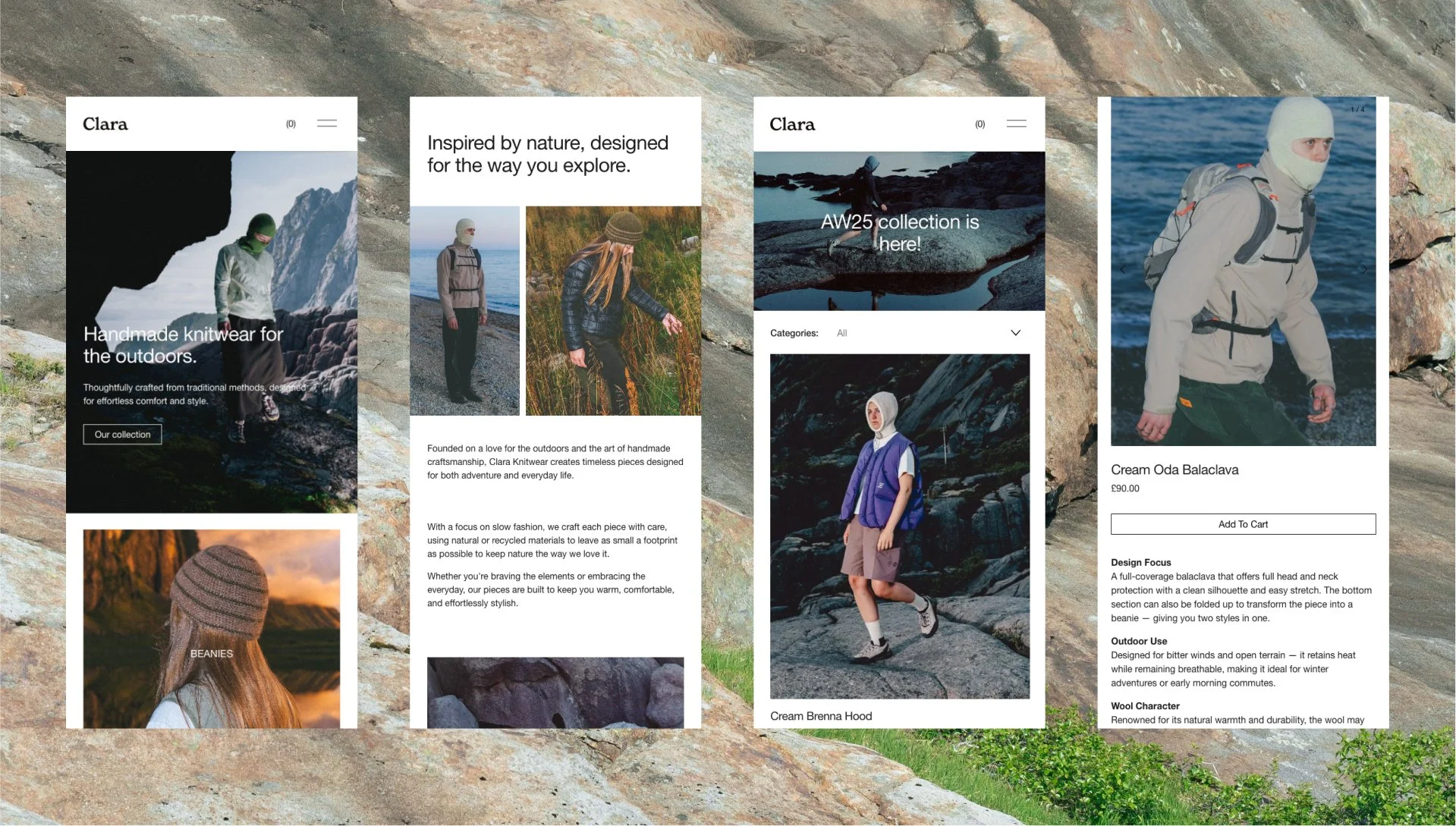 A collage of Clara Knitwear mobile website pages showing people in outdoor gear, rocky landscapes, and product details for outdoor clothing and accessories.