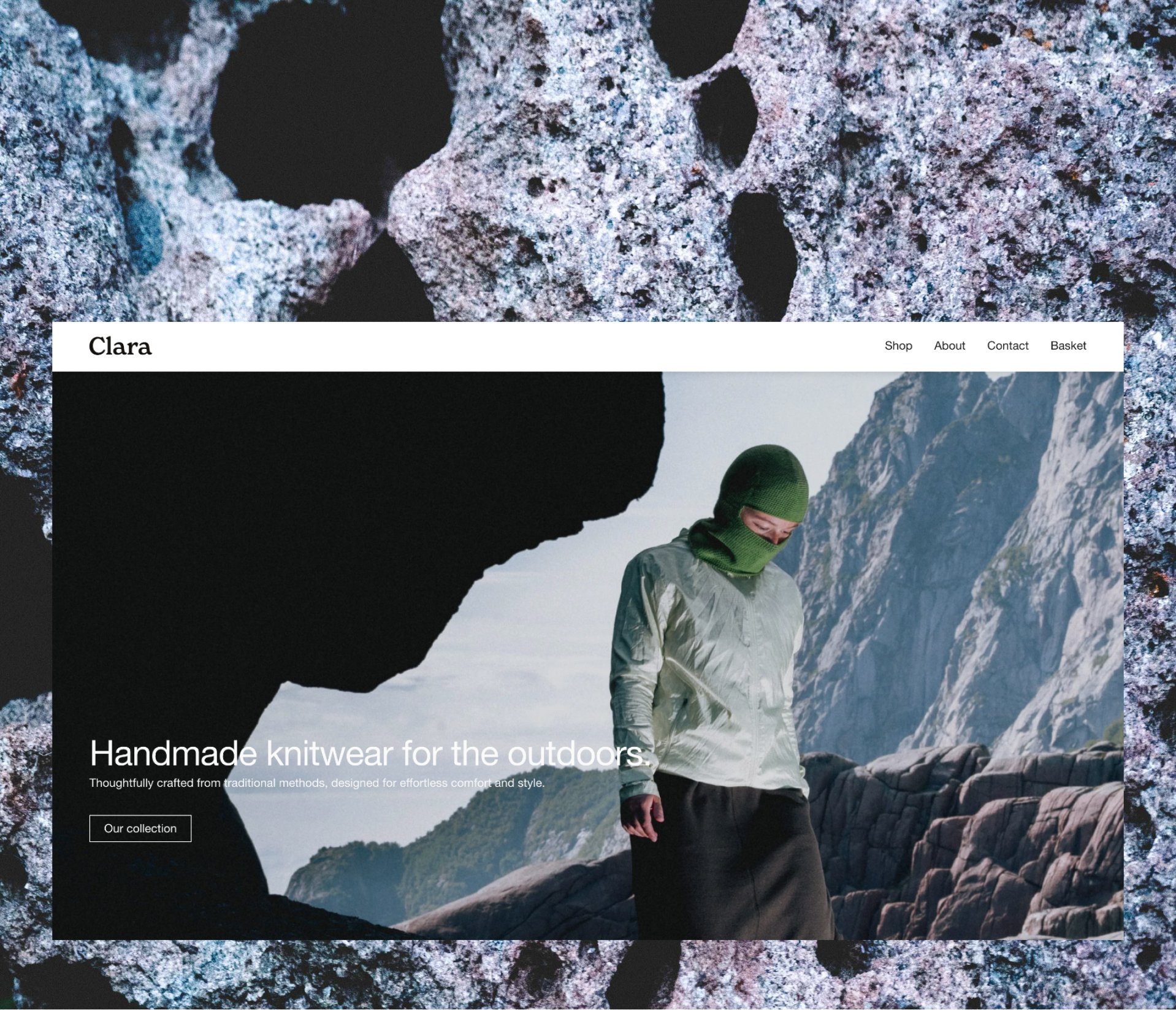 A website homepage for Clara Knitwear, a handmade outdoor knitwear brand, showing a person wearing a green knit balaclava near rocks with a mountainous background.