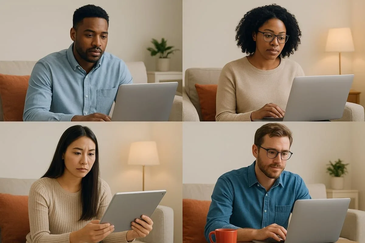A collage of four diverse individuals engaging in virtual therapy sessions on laptops and tablets from the comfort of their homes, representing the accessibility of connected counseling. By trauma therapist Mariah J. Zur.