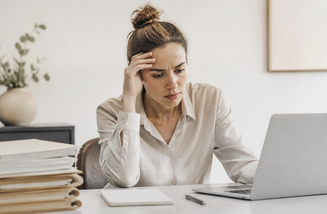 Woman sitting at her desk stressed at work.