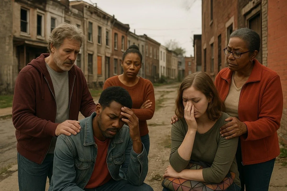 A somber group of people offering mutual support in a city setting. PA therapist Mariah Zur helps communities and individuals process collective trauma and find a path toward healing.