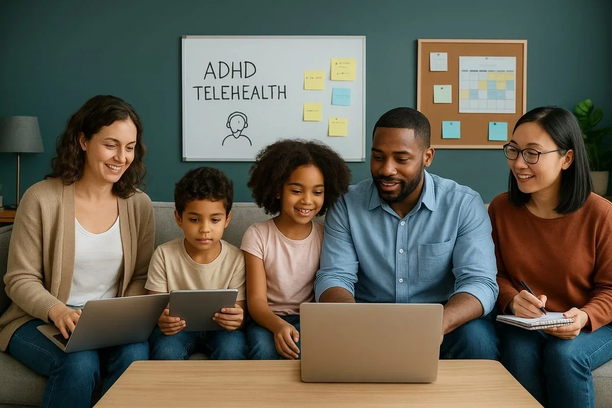 A diverse family sitting together on a couch using laptops and tablets to access ADHD telehealth services, illustrating the convenience of online evaluation and treatment for cerebral ADHD in Raleigh, NC.