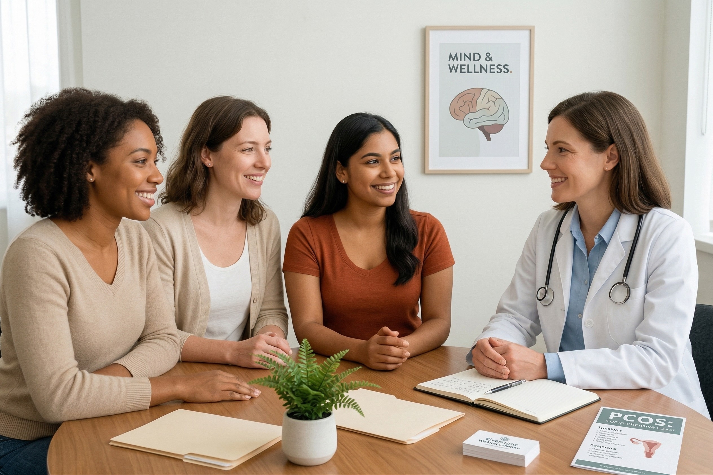A medical professional leading a group of smiling women in a discussion about PCOS and mental health. PA therapist Mariah Zur offers specialized support for women navigating reproductive health challenges.
