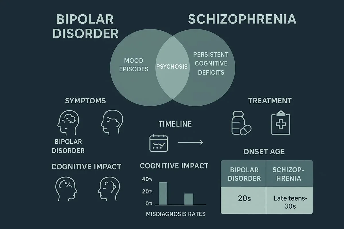 Venn diagram comparing Bipolar Disorder and Schizophrenia symptoms, onset age, and misdiagnosis rates. Raleigh, NC therapy resource.