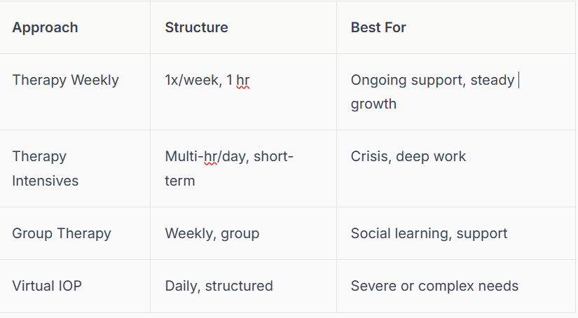 Table comparing the structure and best uses for weekly therapy, intensives, group therapy, and IOP. Raleigh, NC therapy.
