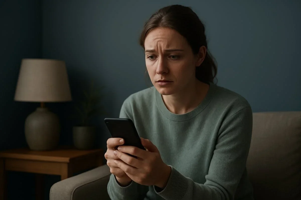A woman looking anxious while holding her smartphone, representing the common emotional barrier of calling a therapist for the first time before reaching out to trauma therapist Mariah Zur in Raleigh, NC.