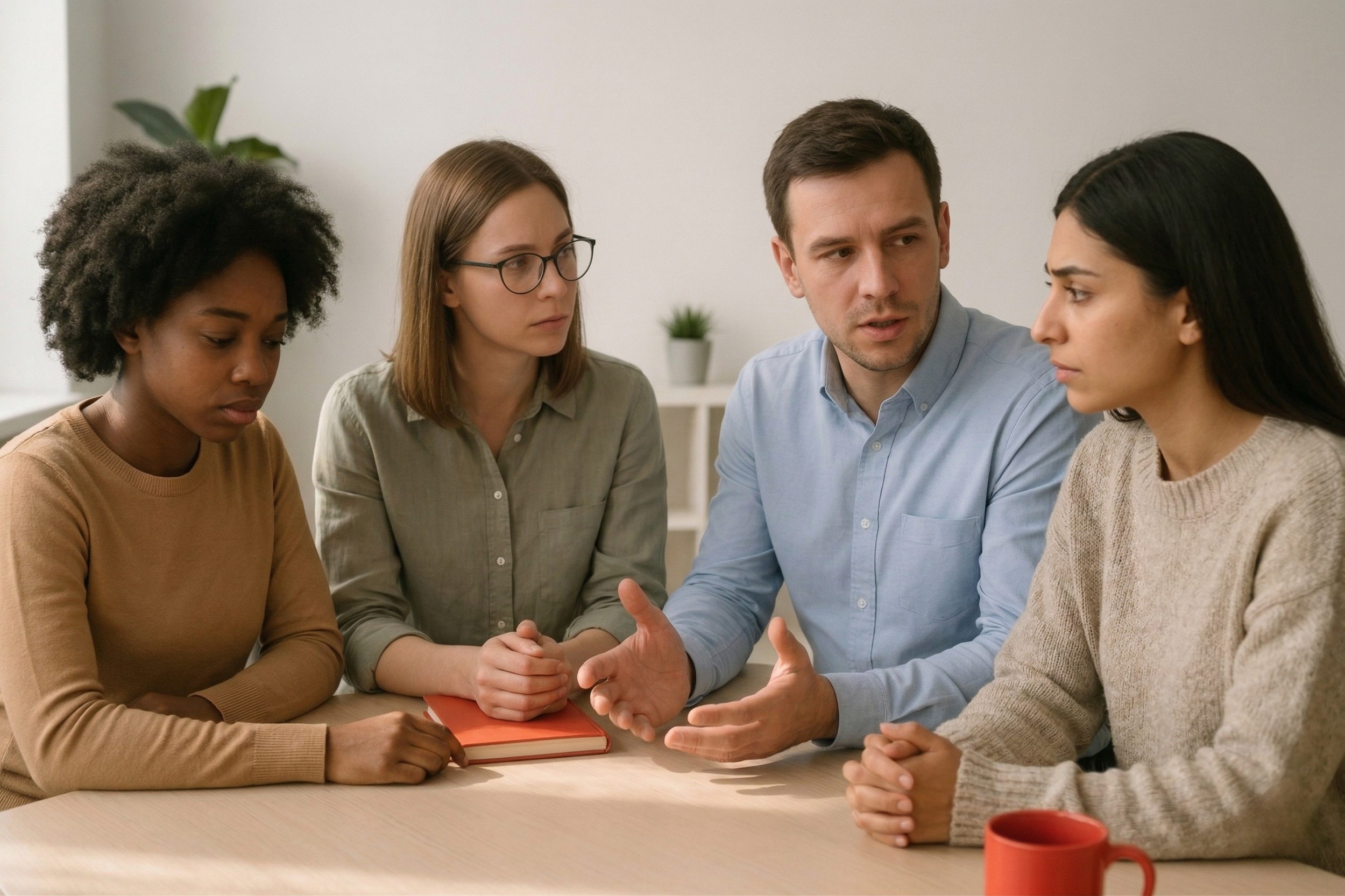 Four diverse adults having a serious discussion at a table, representing group therapy. By therapist Mariah J. Zur