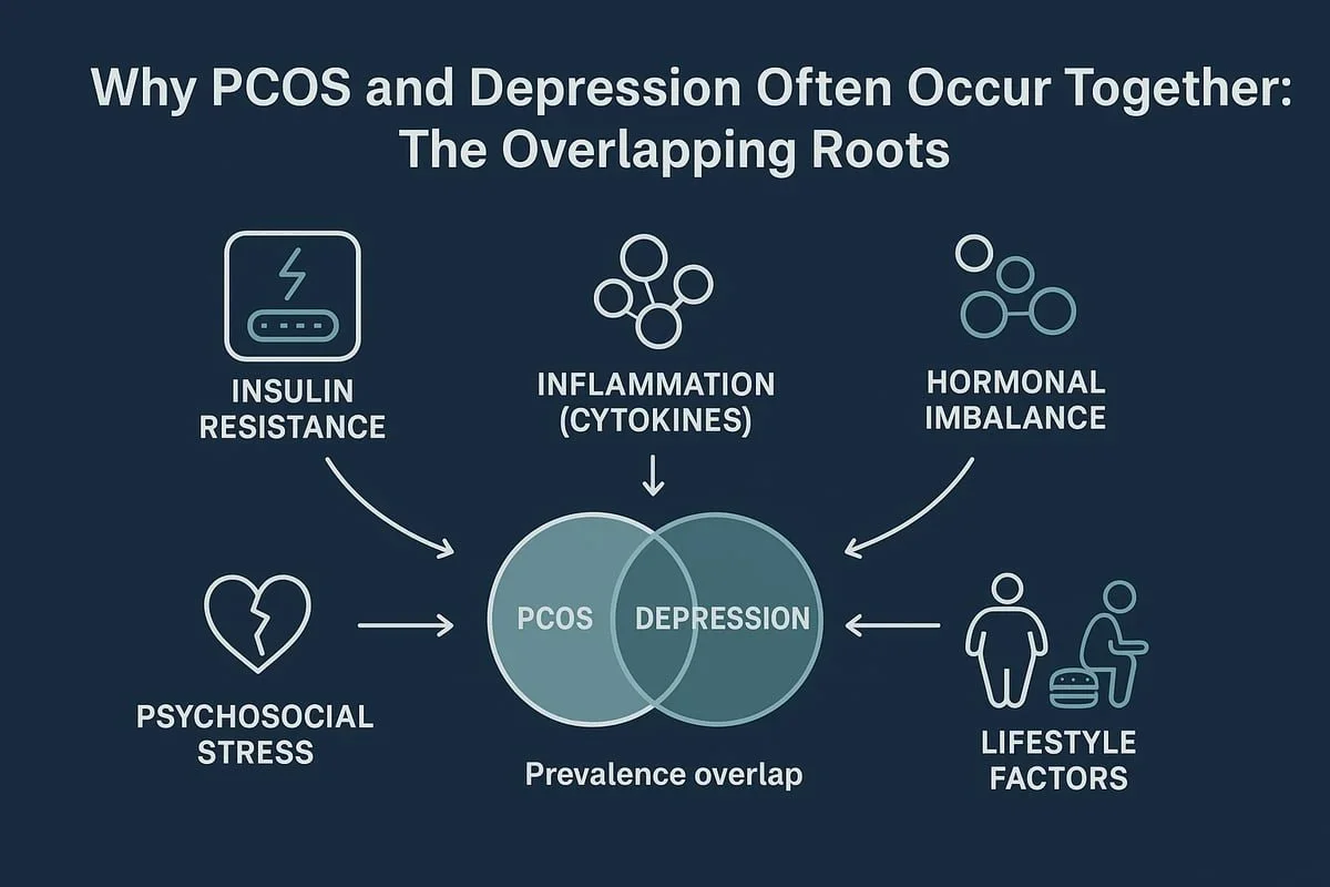 Infographic by PA therapist Mariah Zur explaining the overlapping roots of PCOS and depression, including insulin resistance, inflammation, and hormonal imbalances.