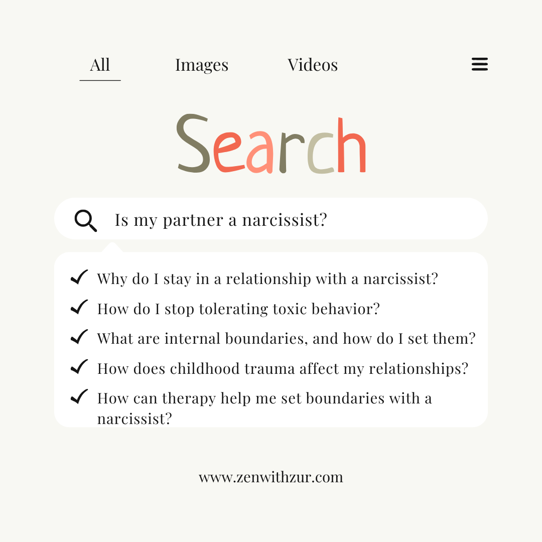 Search graphic by PA therapist Mariah Zur shifting focus from diagnosing a narcissist to setting internal boundaries.