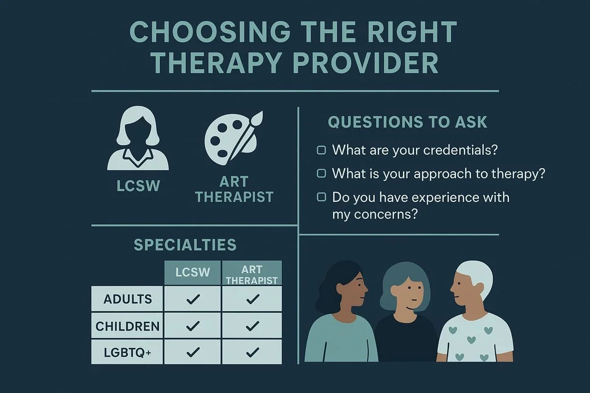 An infographic outlining how to choose the right therapy provider for All Of You therapy, including credential comparisons for LCSWs and Art Therapists, and important questions to ask.